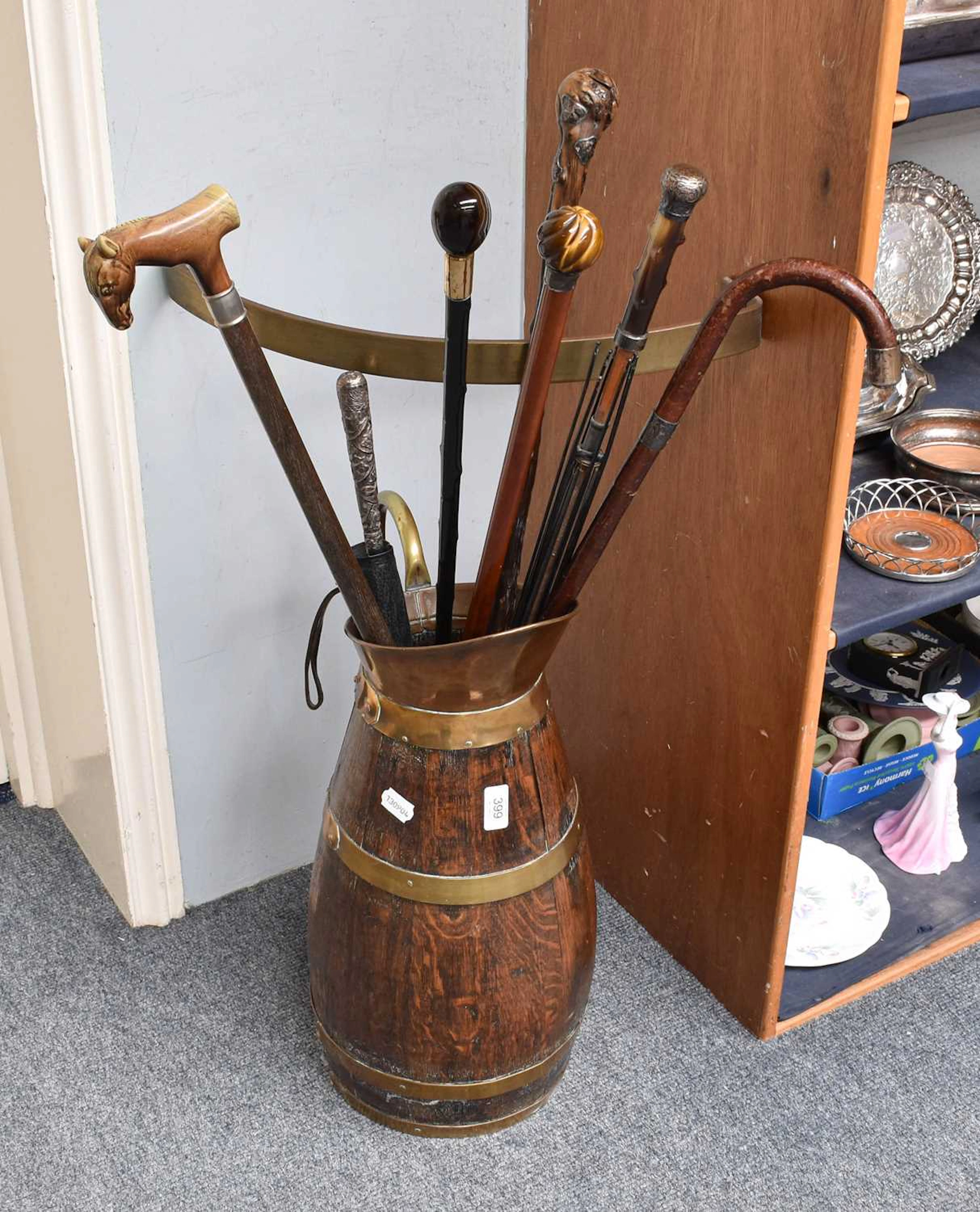 A Coopered Brass and Oak Stick Stand, formed as a ewer