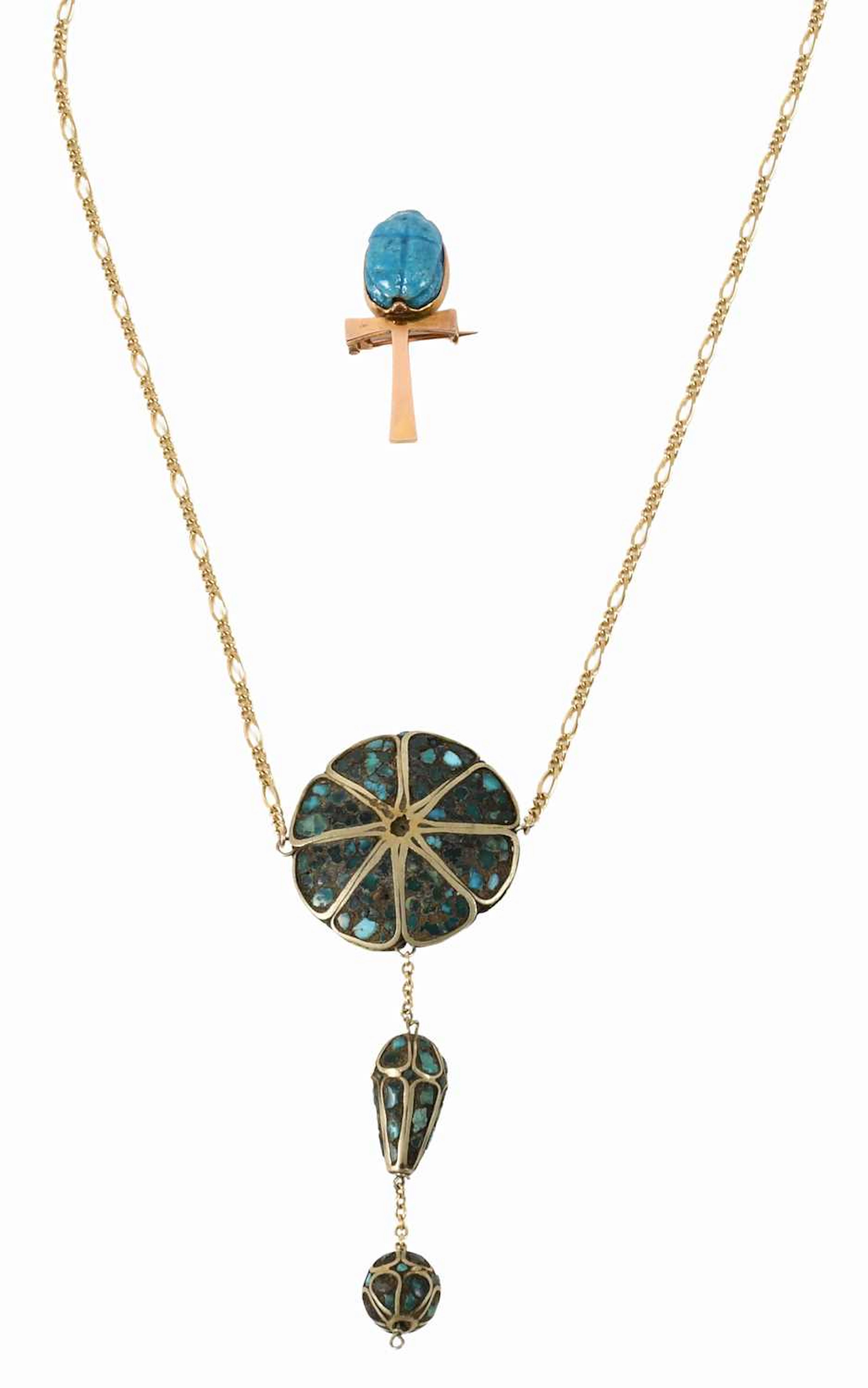 A Turquoise Necklace, A Scarab Brooch