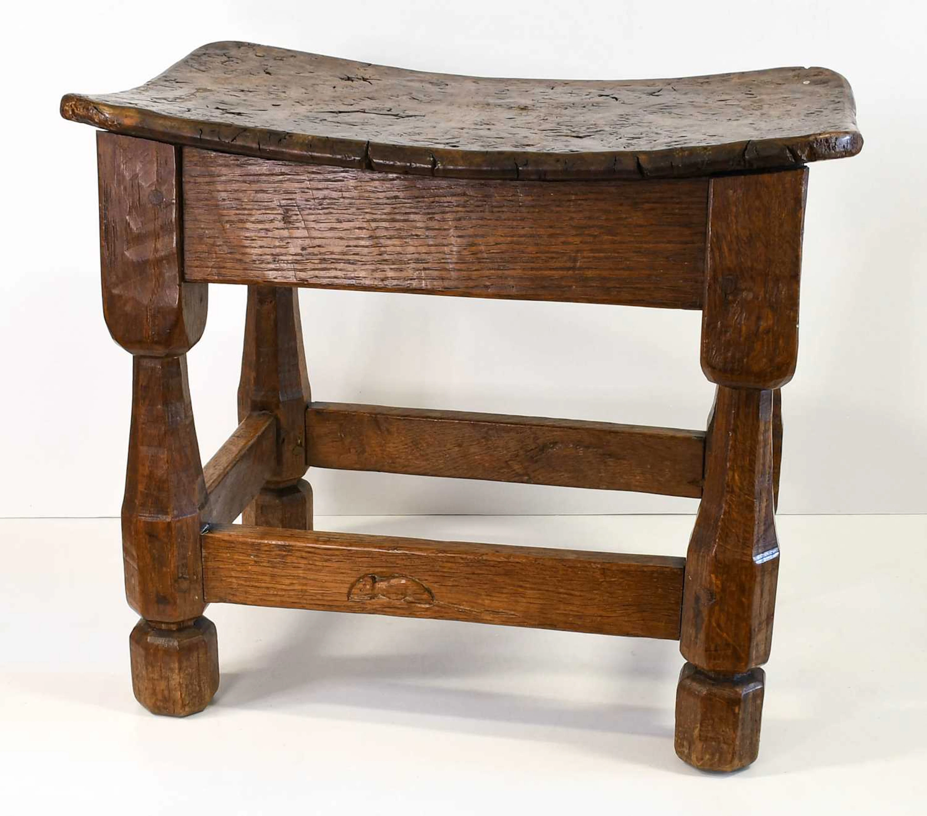 Robert Mouseman Thompson (1876-1955): A Burr Oak Dish Top Stool, , circa 1920s