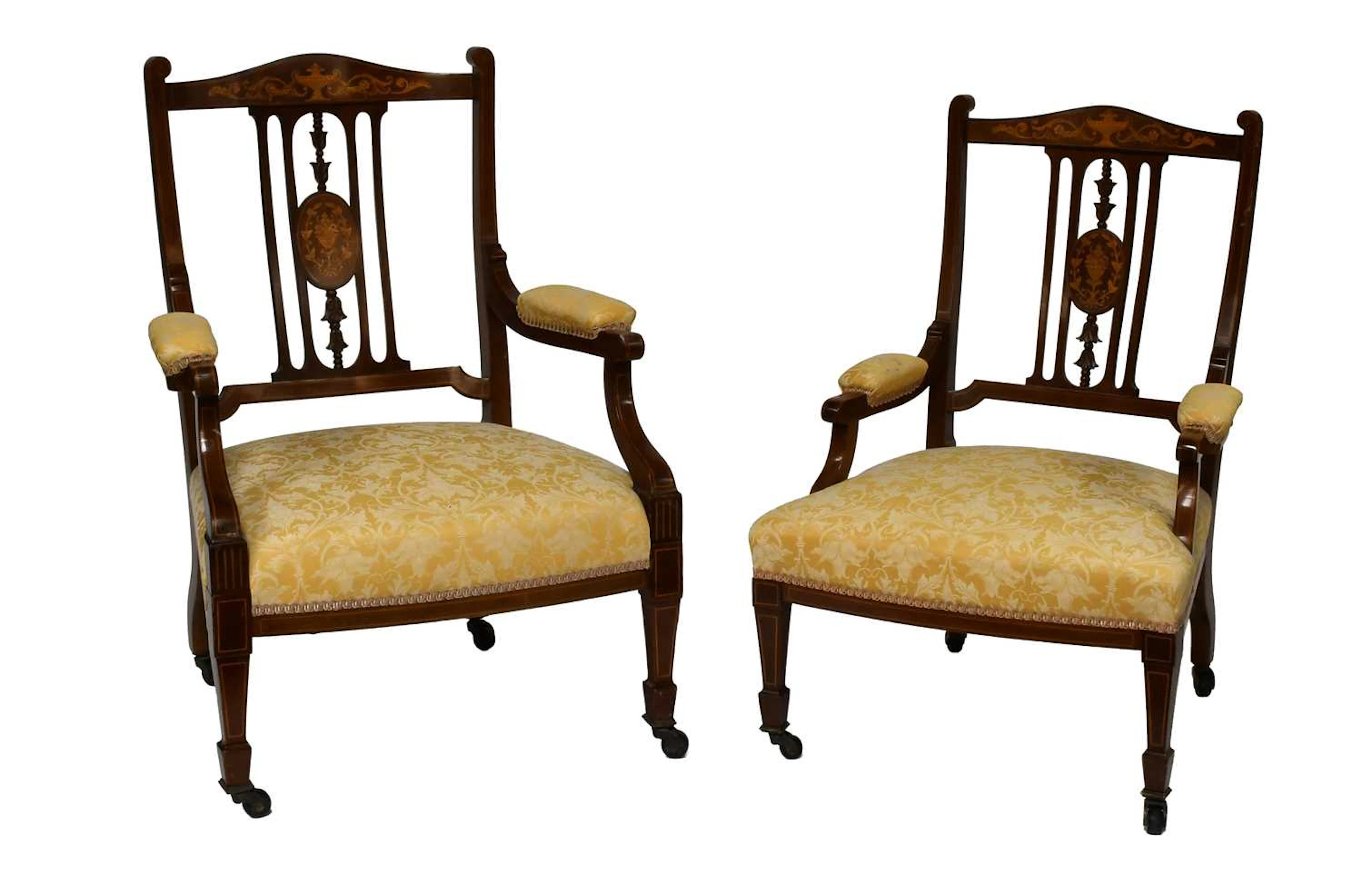 A Pair of Edwardian Inlaid Mahogany Ladies and Gents Open Armchairs
