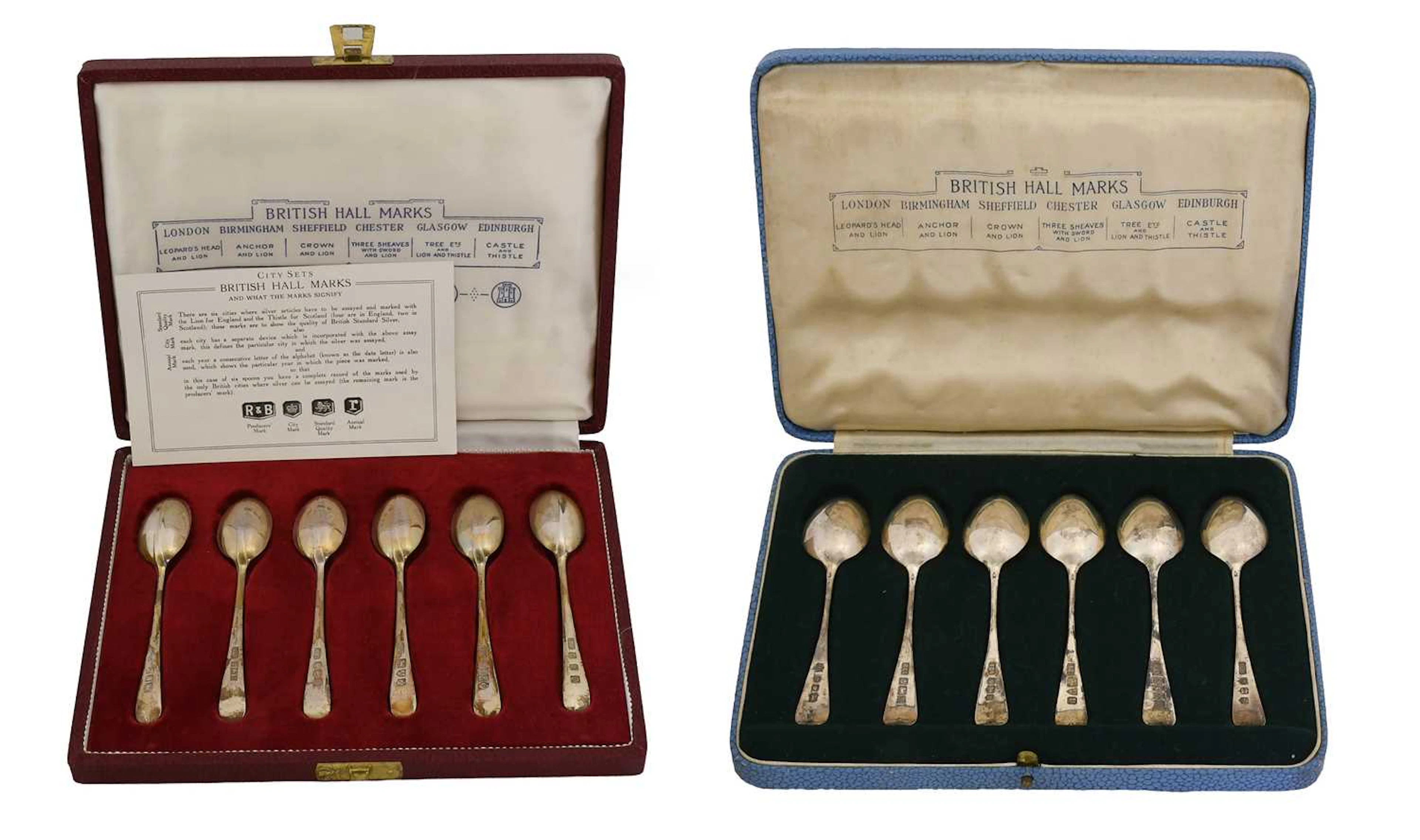 Two Cased Set of Six Silver Teaspoons, One Set by Roberts and Belk