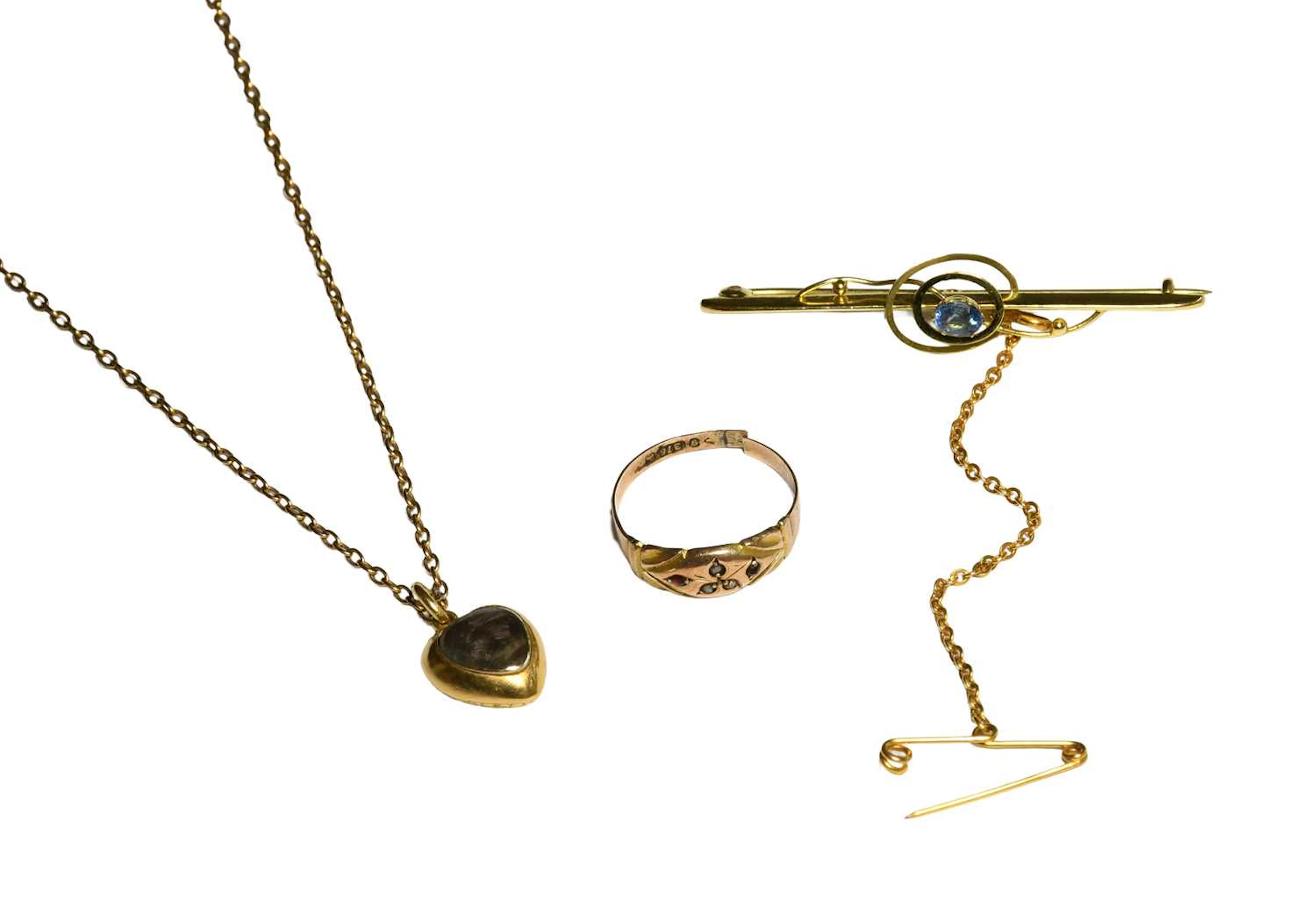 A Locket Pendant on Chain, A 9 Carat Gold Garnet and Split Pearl Ring
