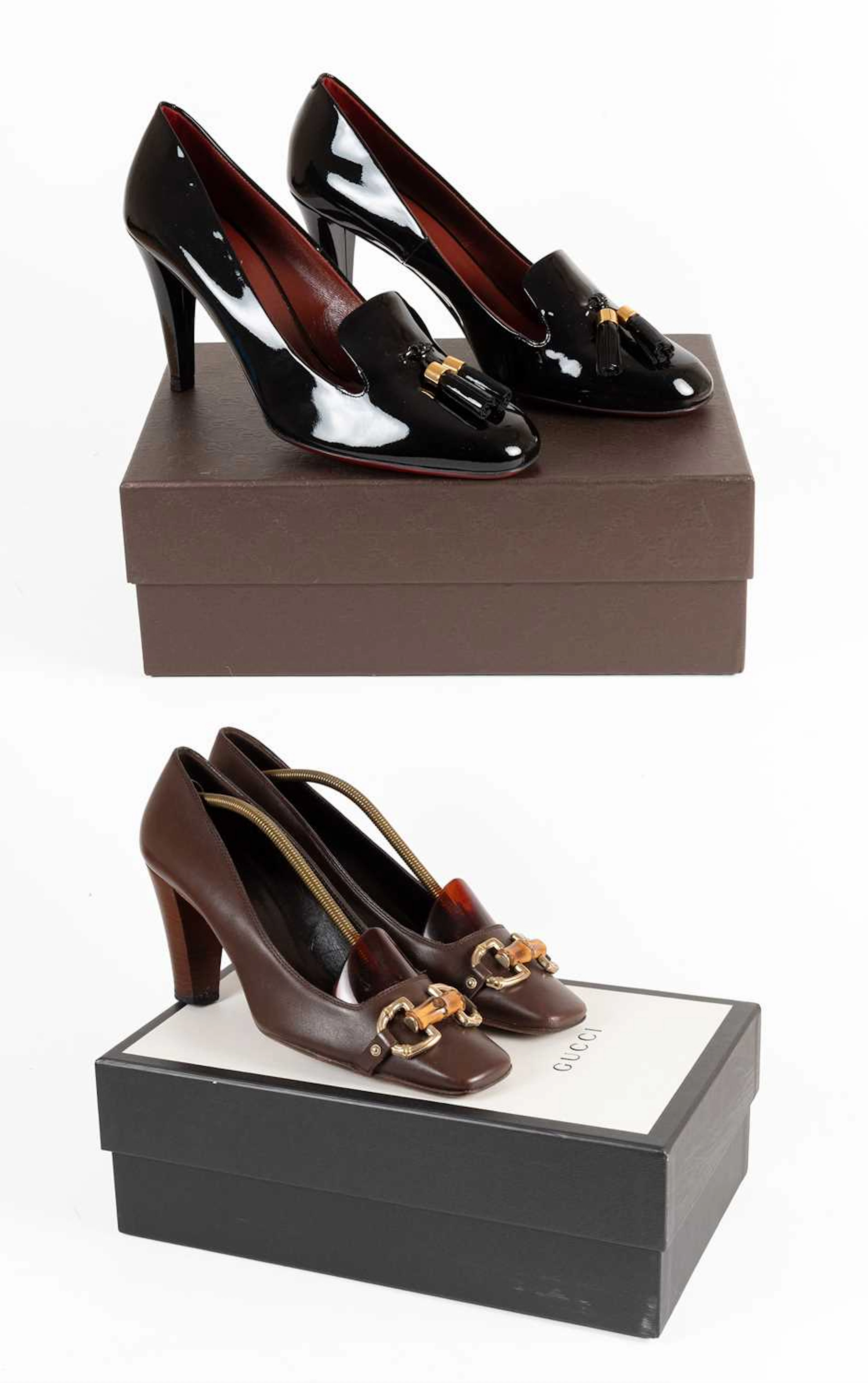 A Pair of Gucci Black Patent Leather Tasselled Heels, Pair of Gucci