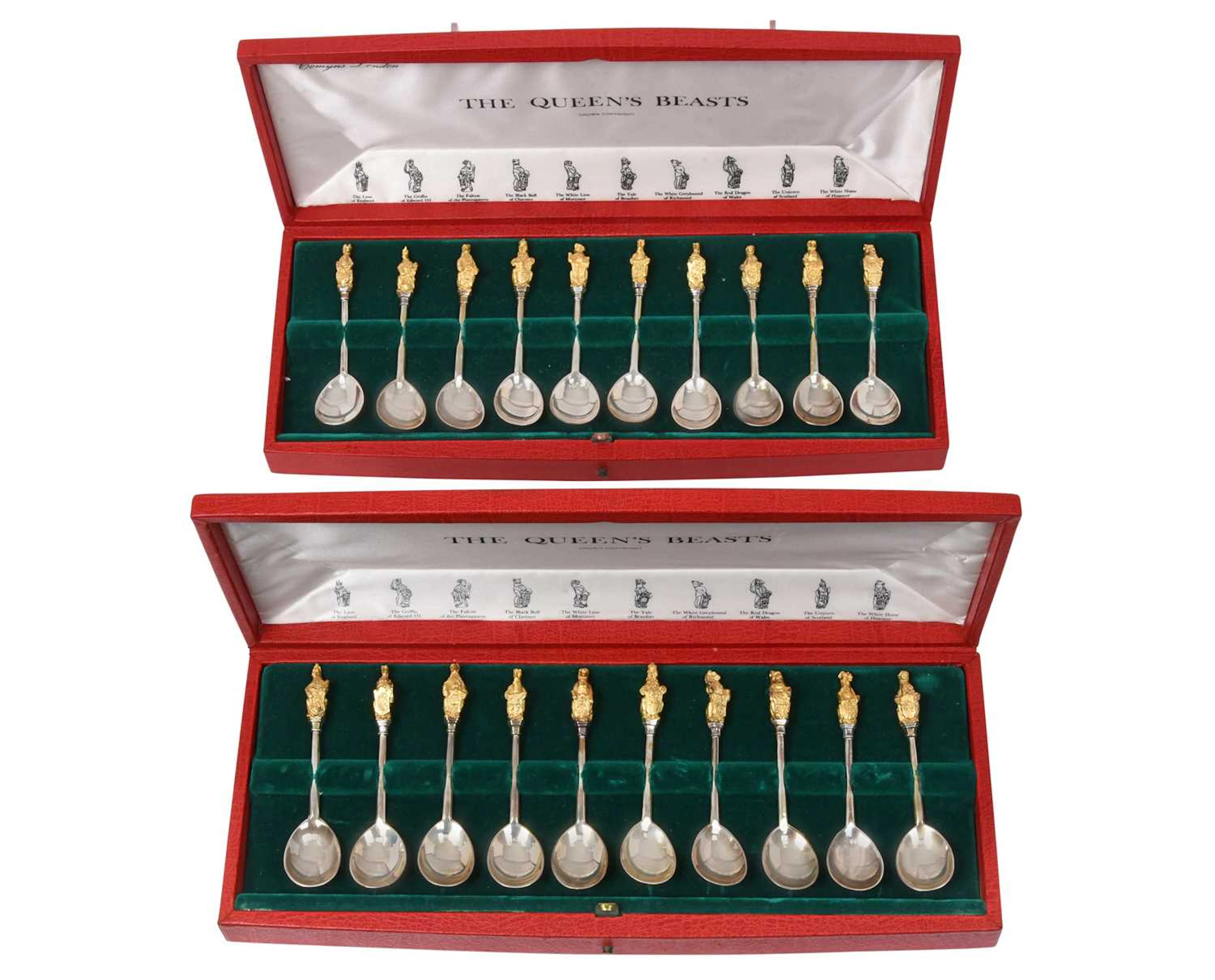 Two Cased Sets of Ten Elizabeth II Parcel-Gilt Silver Spoons, by William