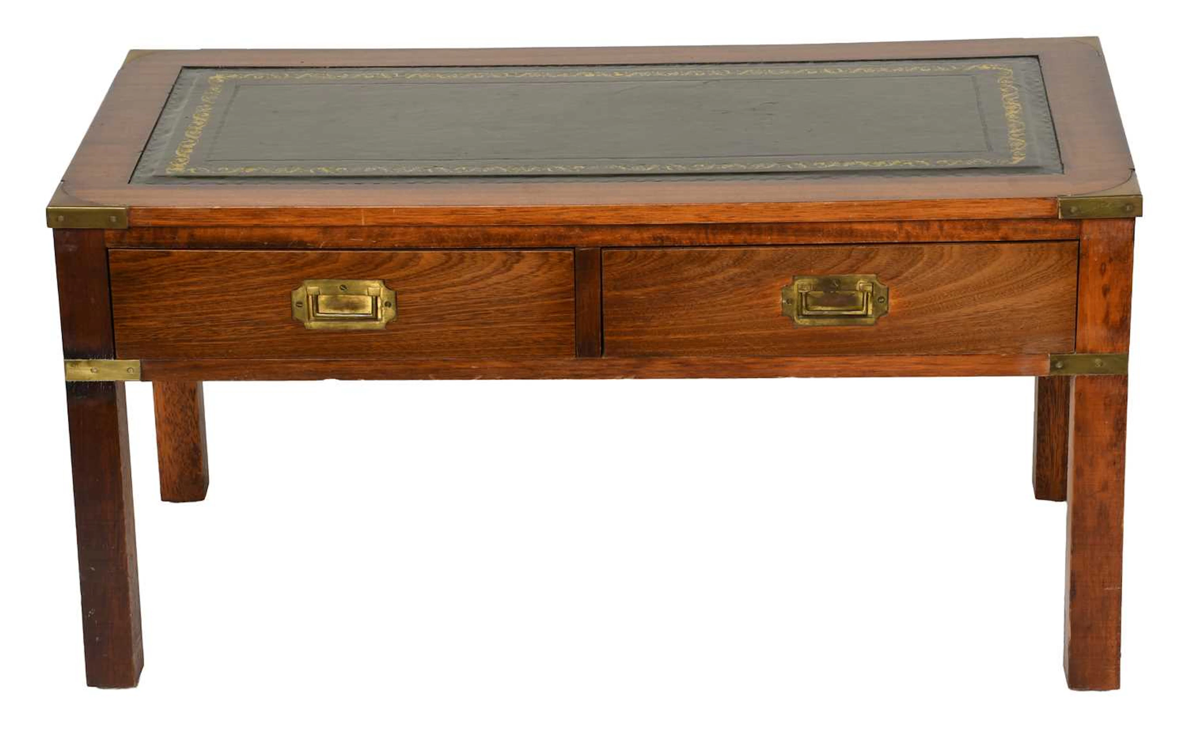 A Modern Gilt Tooled Green Leather Campaign Style Coffee Table