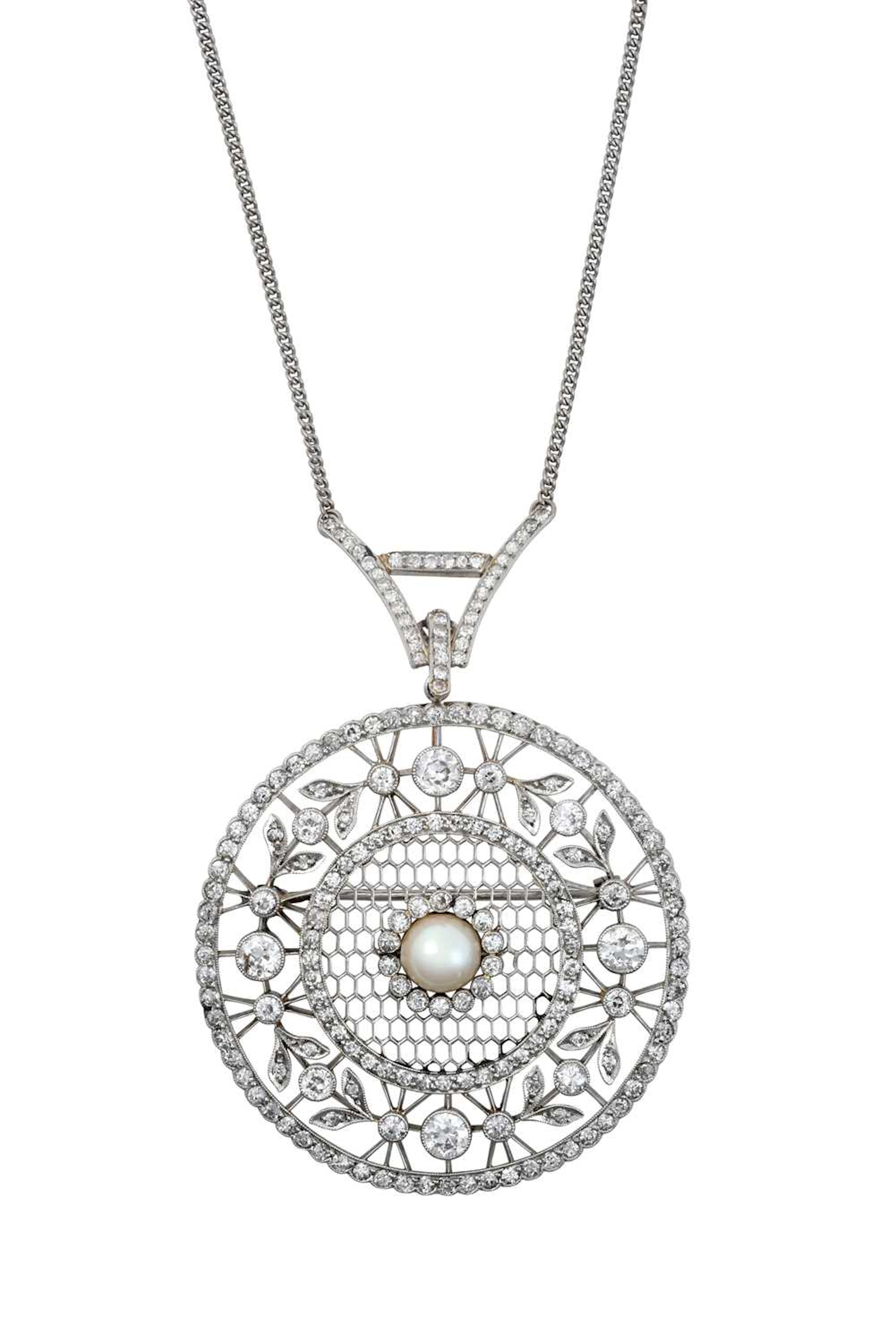 An Edwardian Diamond and Cultured Pearl Brooch/Necklace
