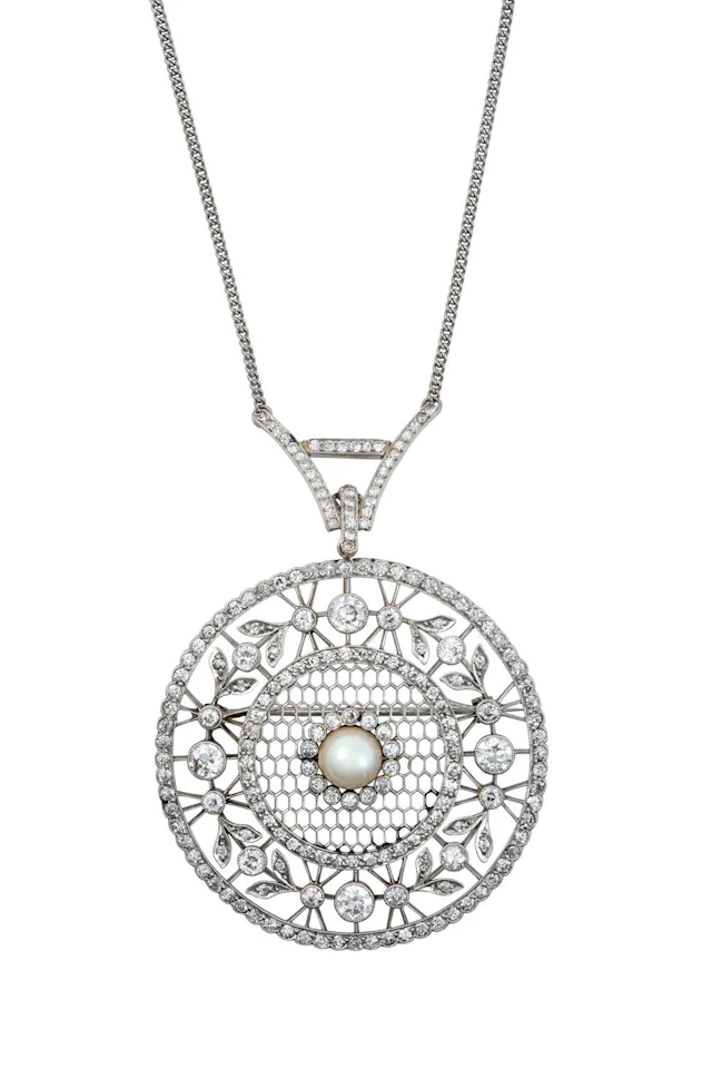An Edwardian Diamond and Cultured Pearl Brooch/Necklace