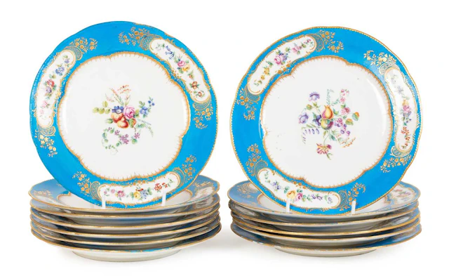 A Set of Thirteen Sèvres Porcelain Plates, the porcelain 18th century