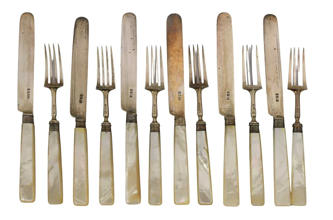 Six Pairs of George III Silve, r-Mounted Mother-of-Pearl Fruit-Eaters