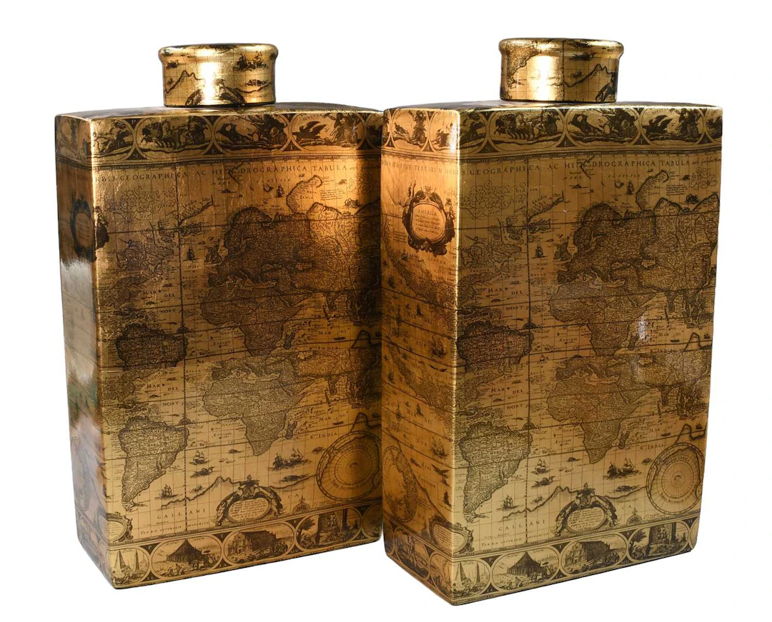 A Large Modern Pair of Decorative Ceramic Square Form Jars and Covers