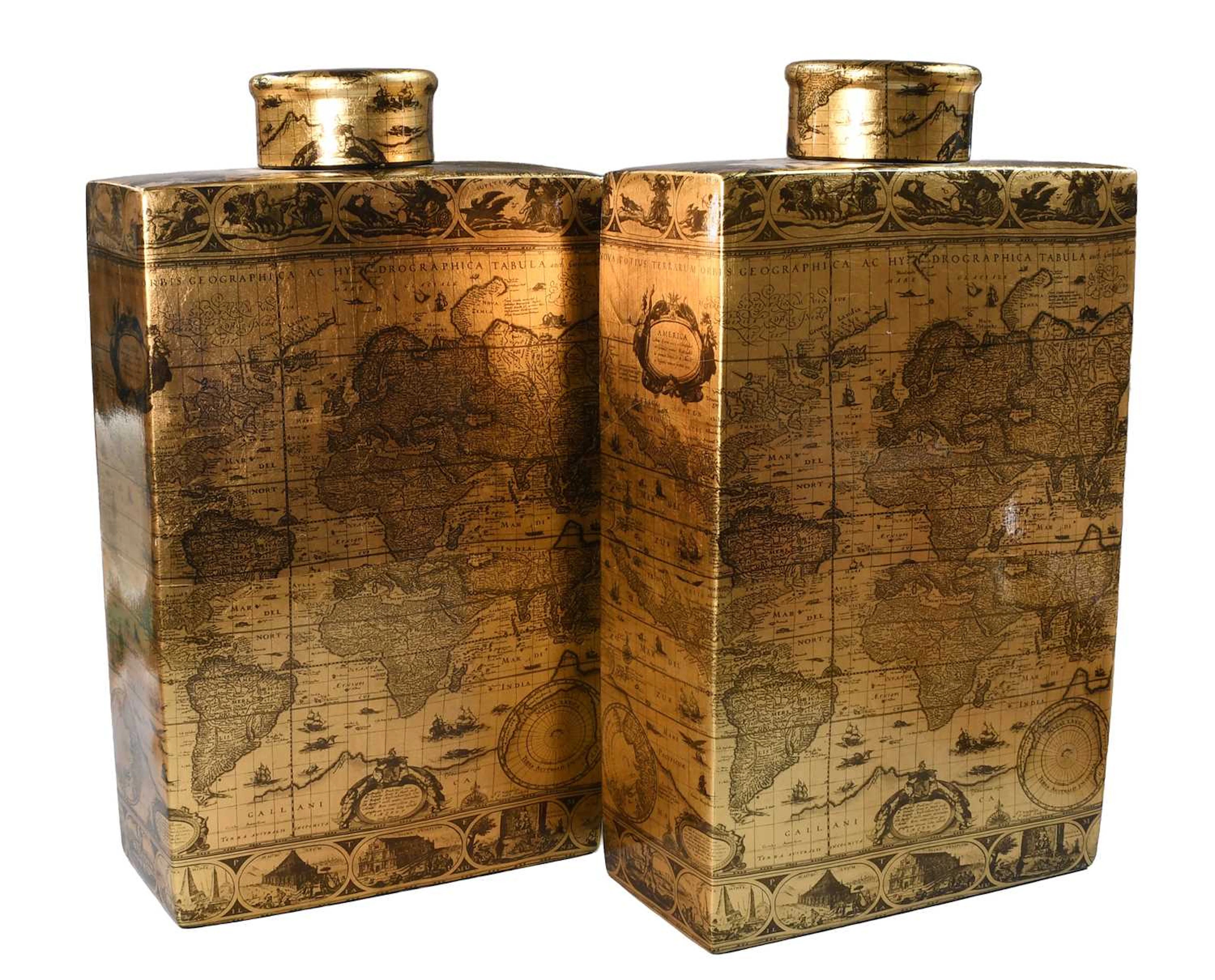 A Large Modern Pair of Decorative Ceramic Square Form Jars and Covers