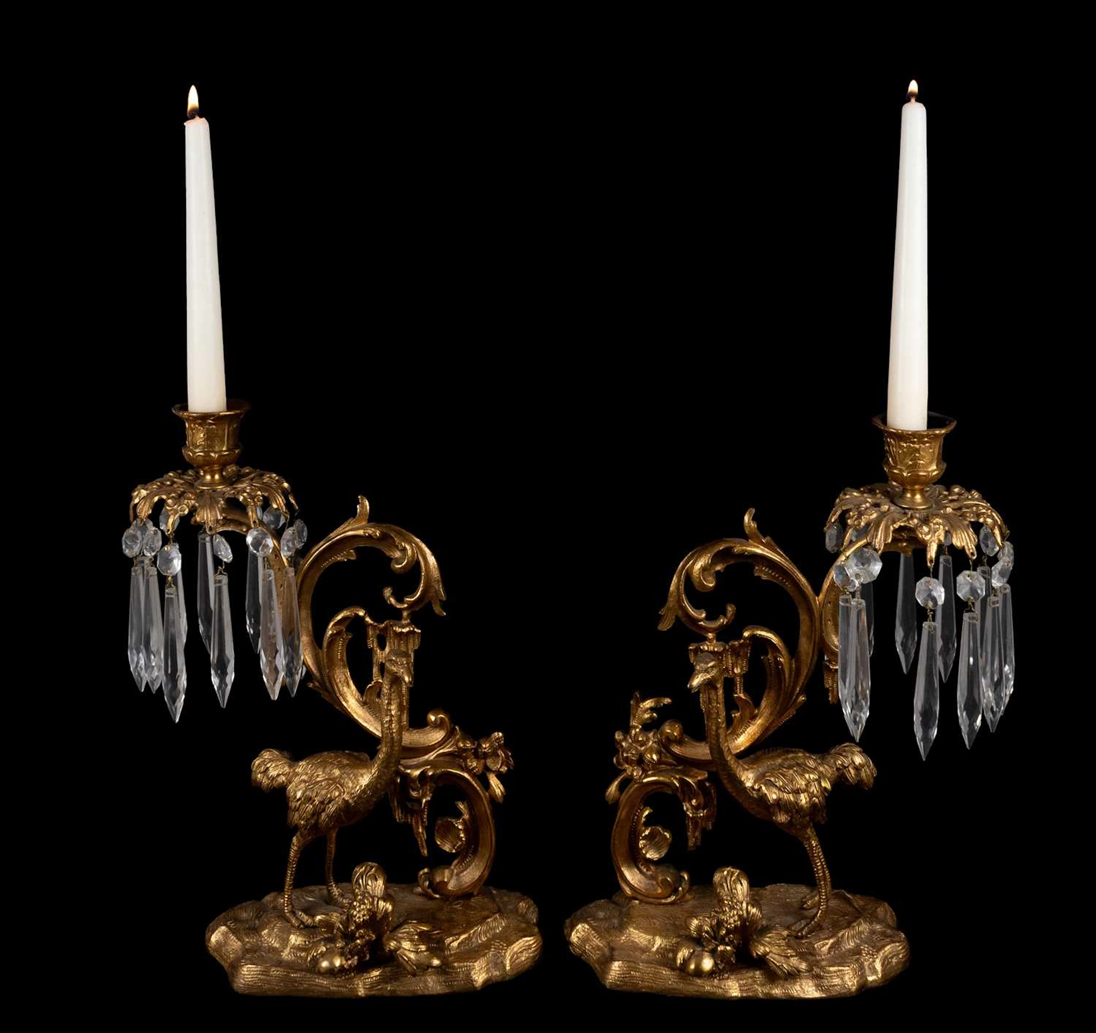A Pair of Neo-Rococo Gilt-Bronze "Ostrich" Candlesticks, 19th century, Ostrich