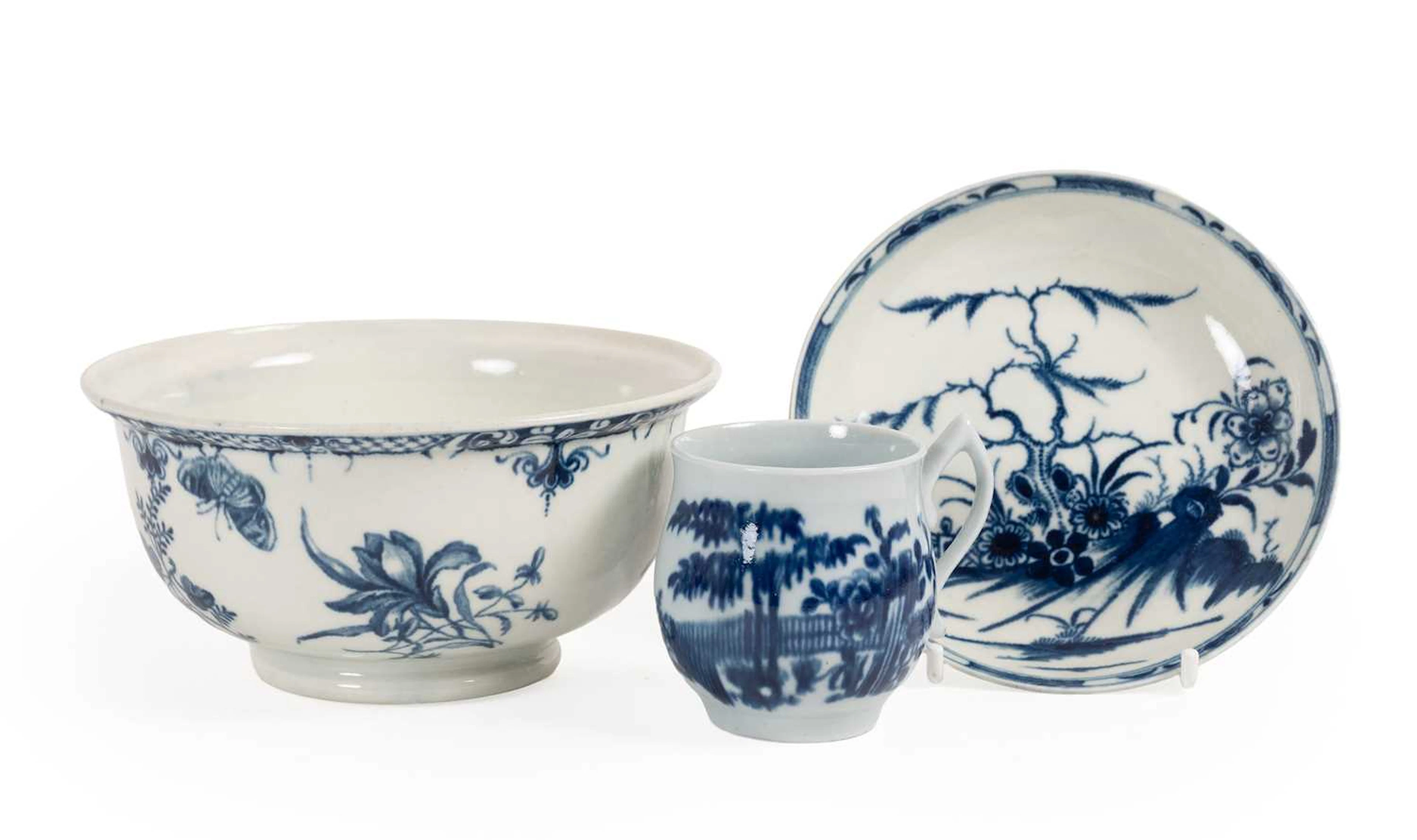 A Worcester Porcelain Bell Shaped Cup, circa 1760, A Saucer, An Unusual Bowl