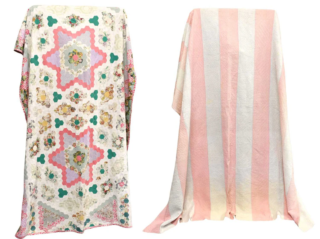 Late 19th Century Pink and Blue Cotton Striped Quilt, Circa 1950s