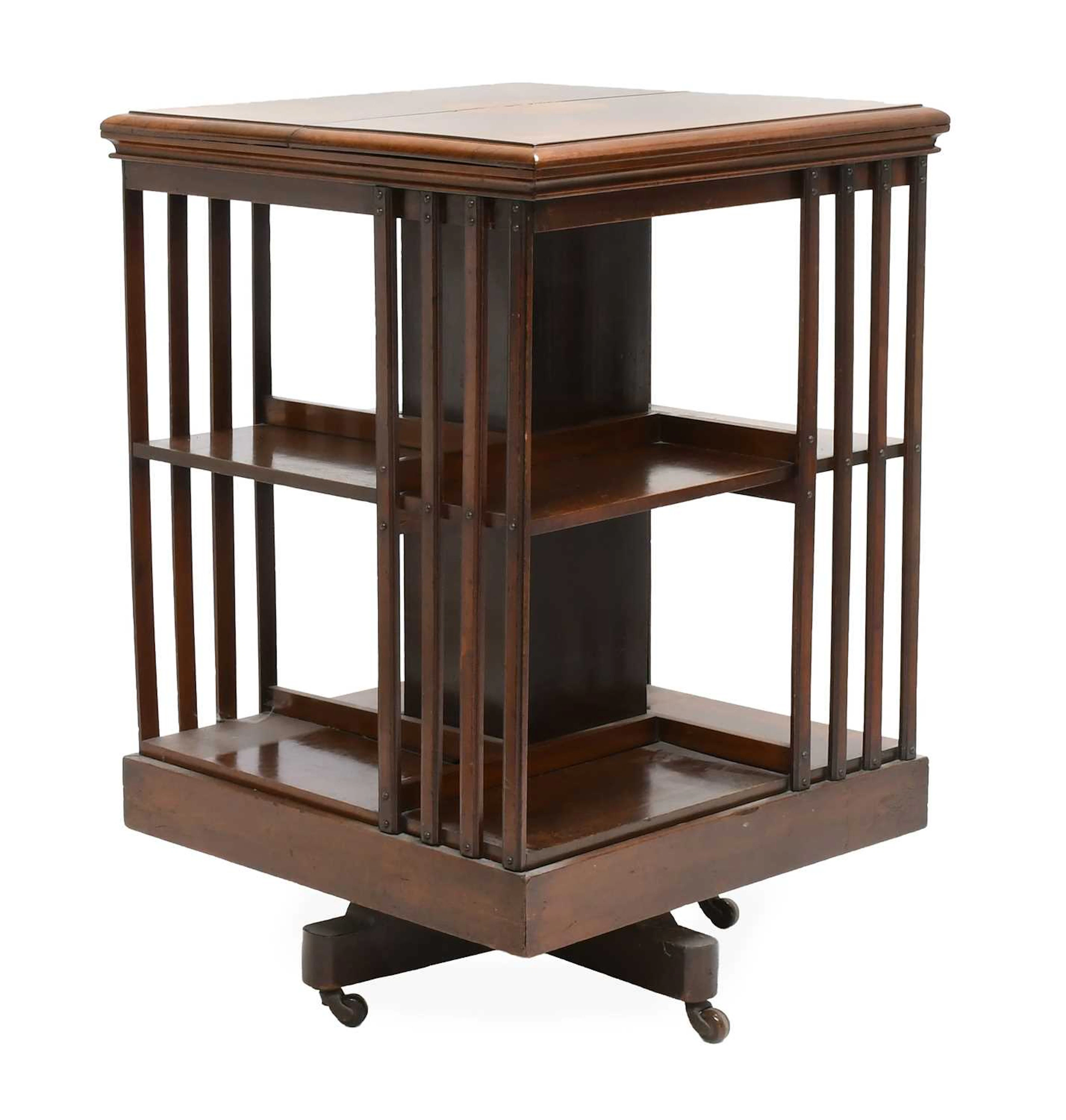 A Victorian Mahogany, Satinwood and Marquetry-Inlaid Revolving Bookcase