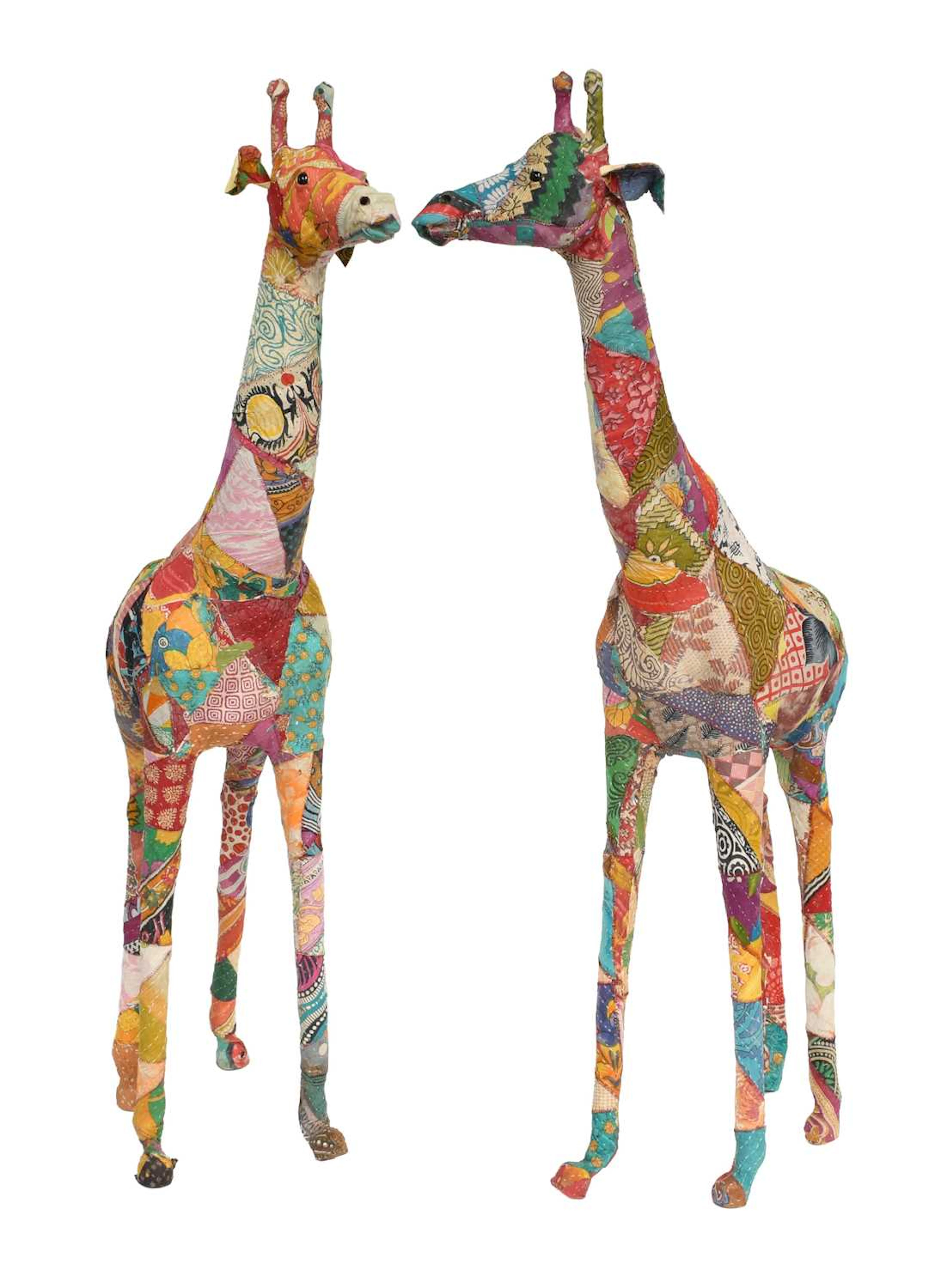 A Pair of Patchwork Kantha Fabric Mounted Models of Giraffes