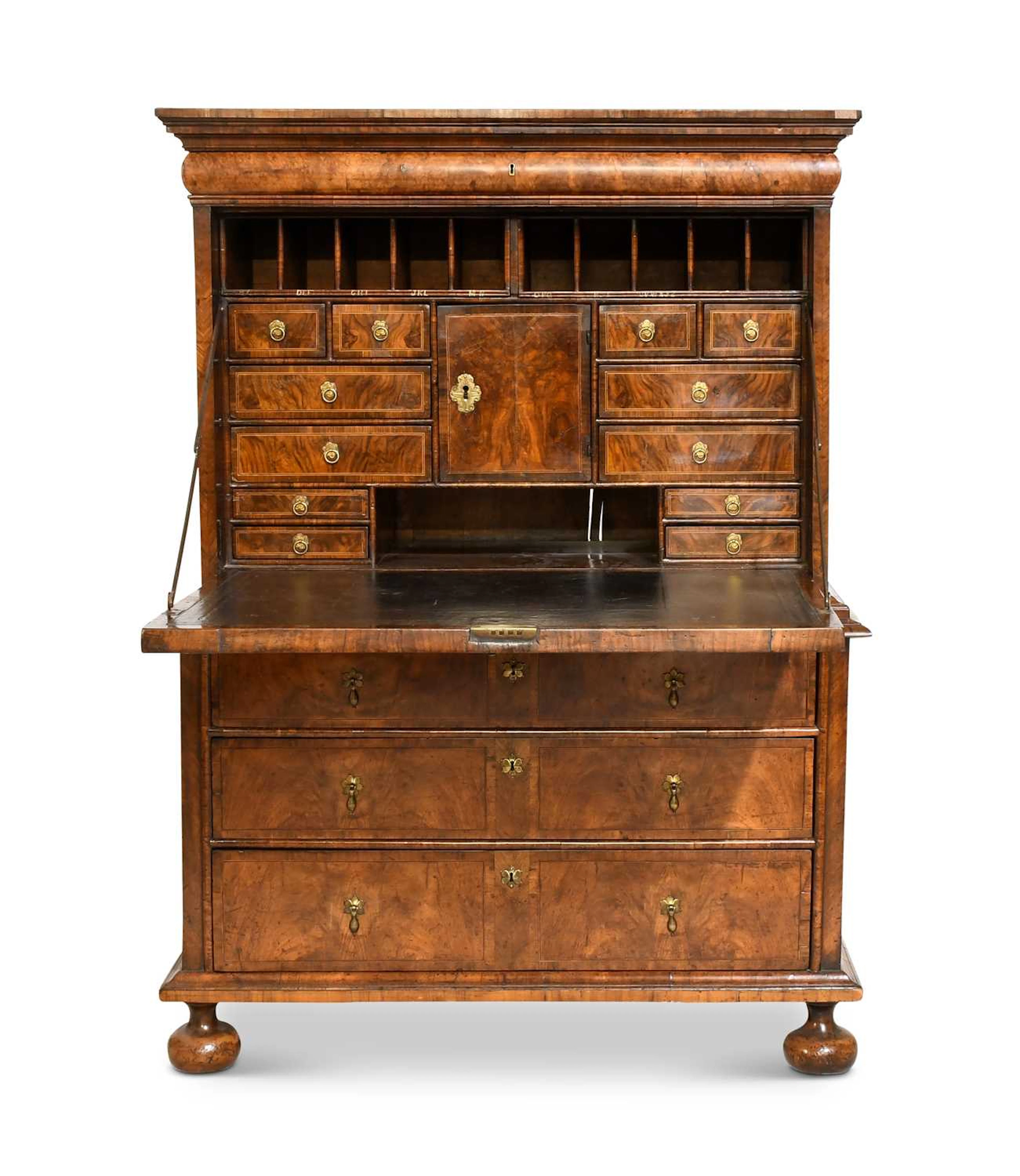 A William & Mary Walnut, Figured Walnut, Crossbanded and Featherbanded