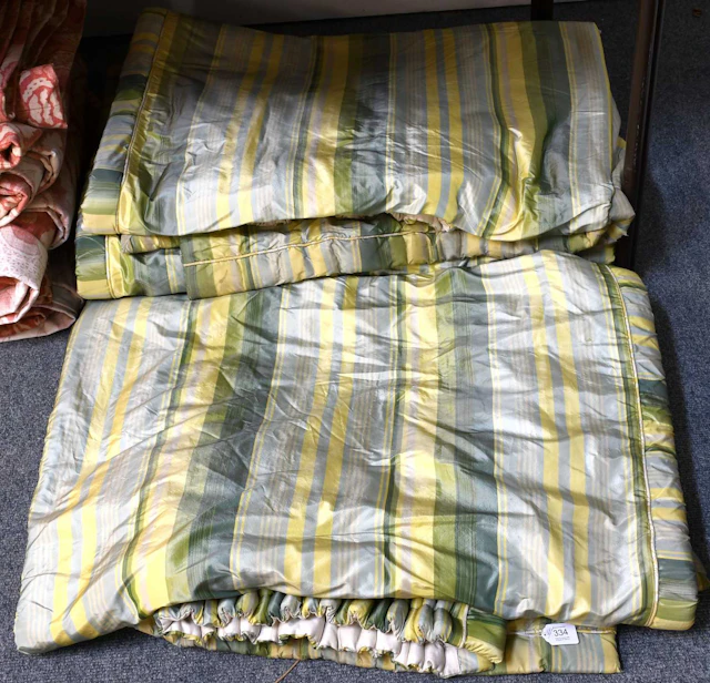 Two Pairs of Green and Yellow Silk Striped Curtains