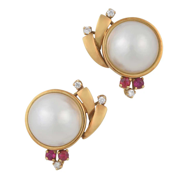 A Pair of Mabé Pearl, Ruby and Diamond Earrings