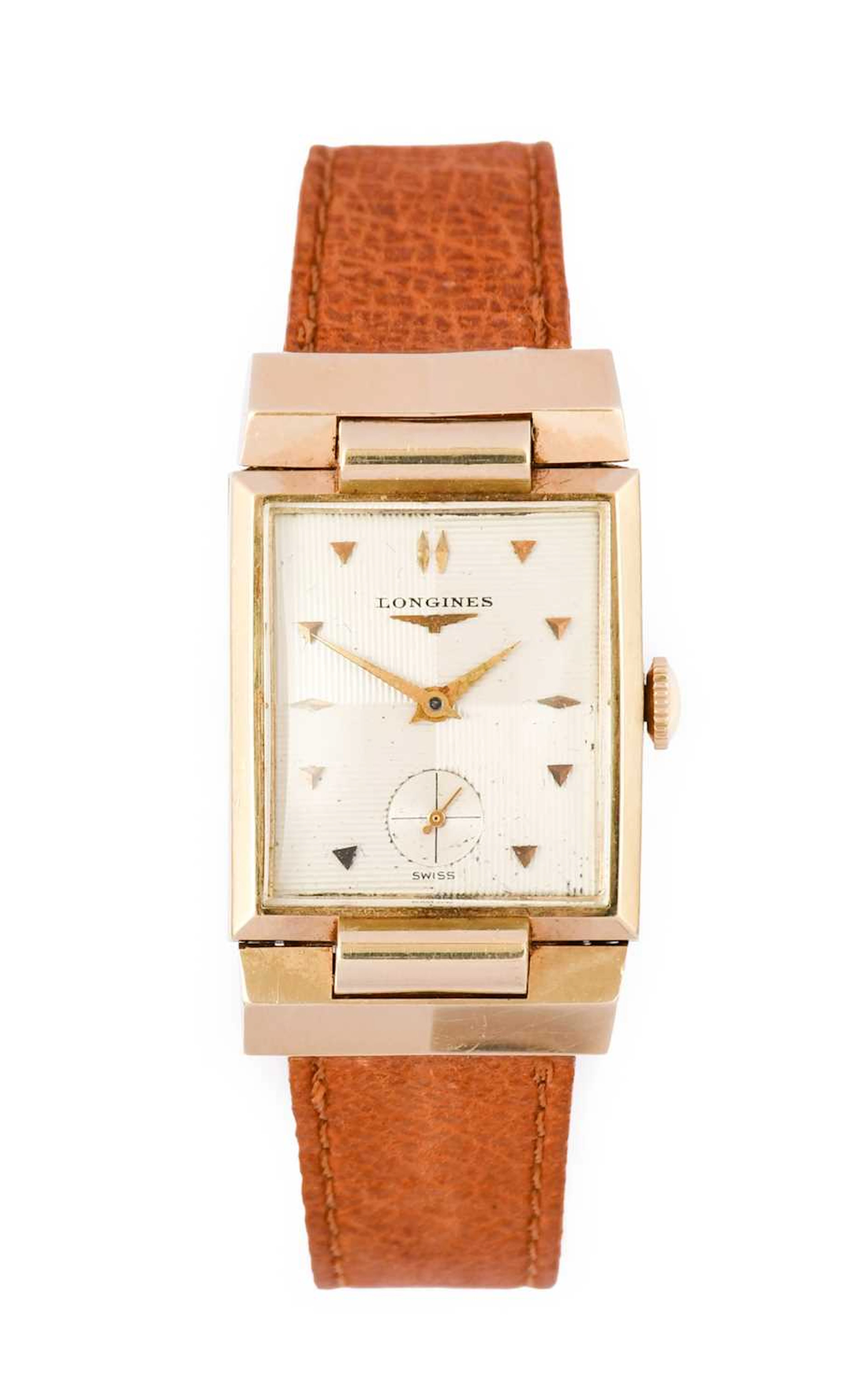 Longines: A 14 Carat Gold Rectangular Wristwatch, signed Longines, 1952