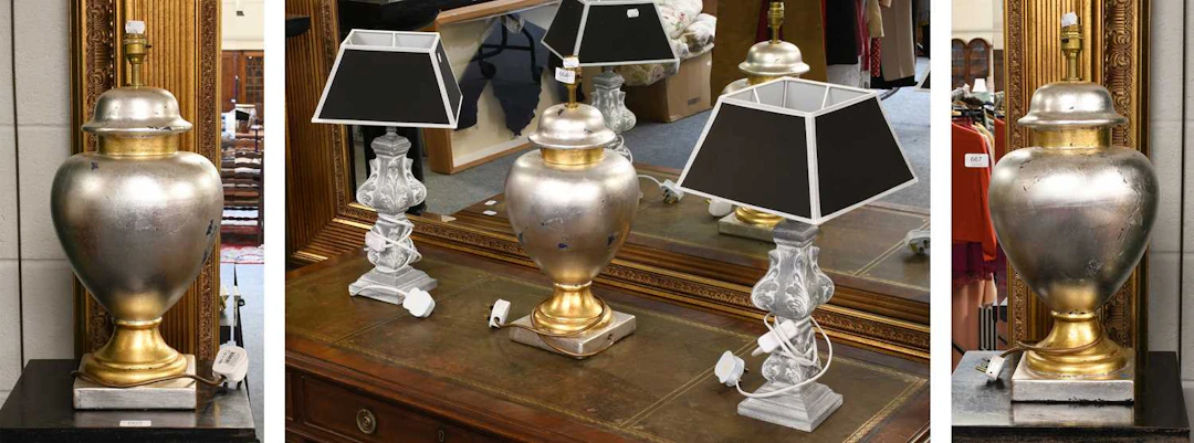 A Set of Three Modern Silvered and Parcel-Gilt Table Lamps