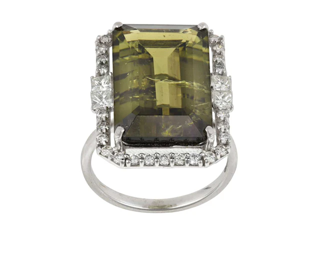 A 14 Carat White Gold Green Tourmaline and Diamond Cluster Ring