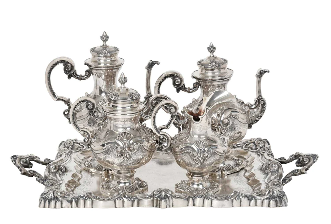 A Four-Piece Portuguese Silver Tea and Coffee-Service With a Tray