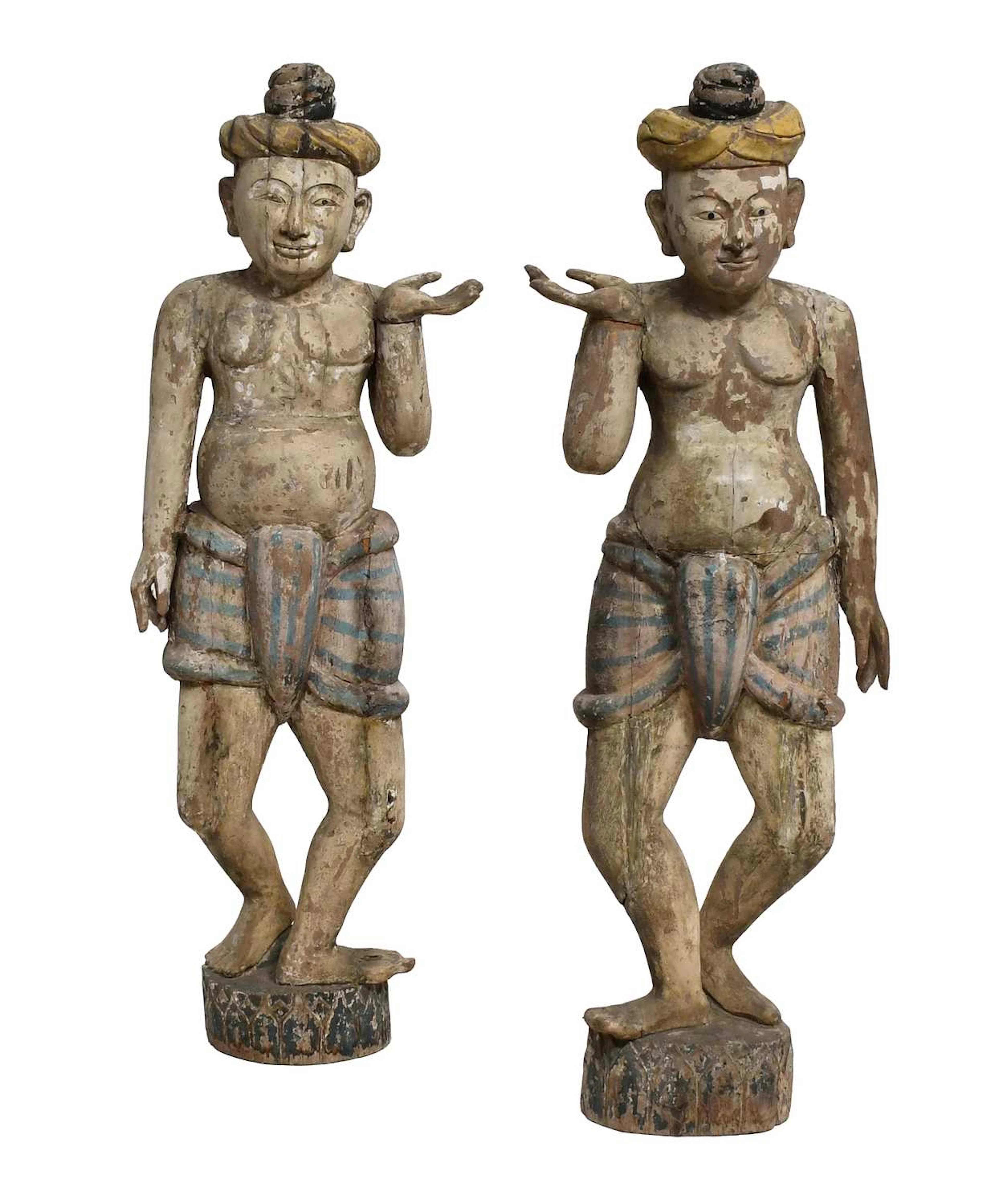 A Pair of 19th Century Carved and Polychrome-Decorated Gong Holders