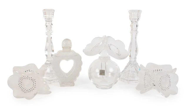 A Pair of Lalique Crystal Deux Anemones Candle Holders, Lalique Crystal
