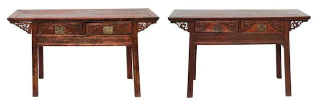 A Pair of Late 19th Century Chinese Softwood and Red-Painted Side Tables