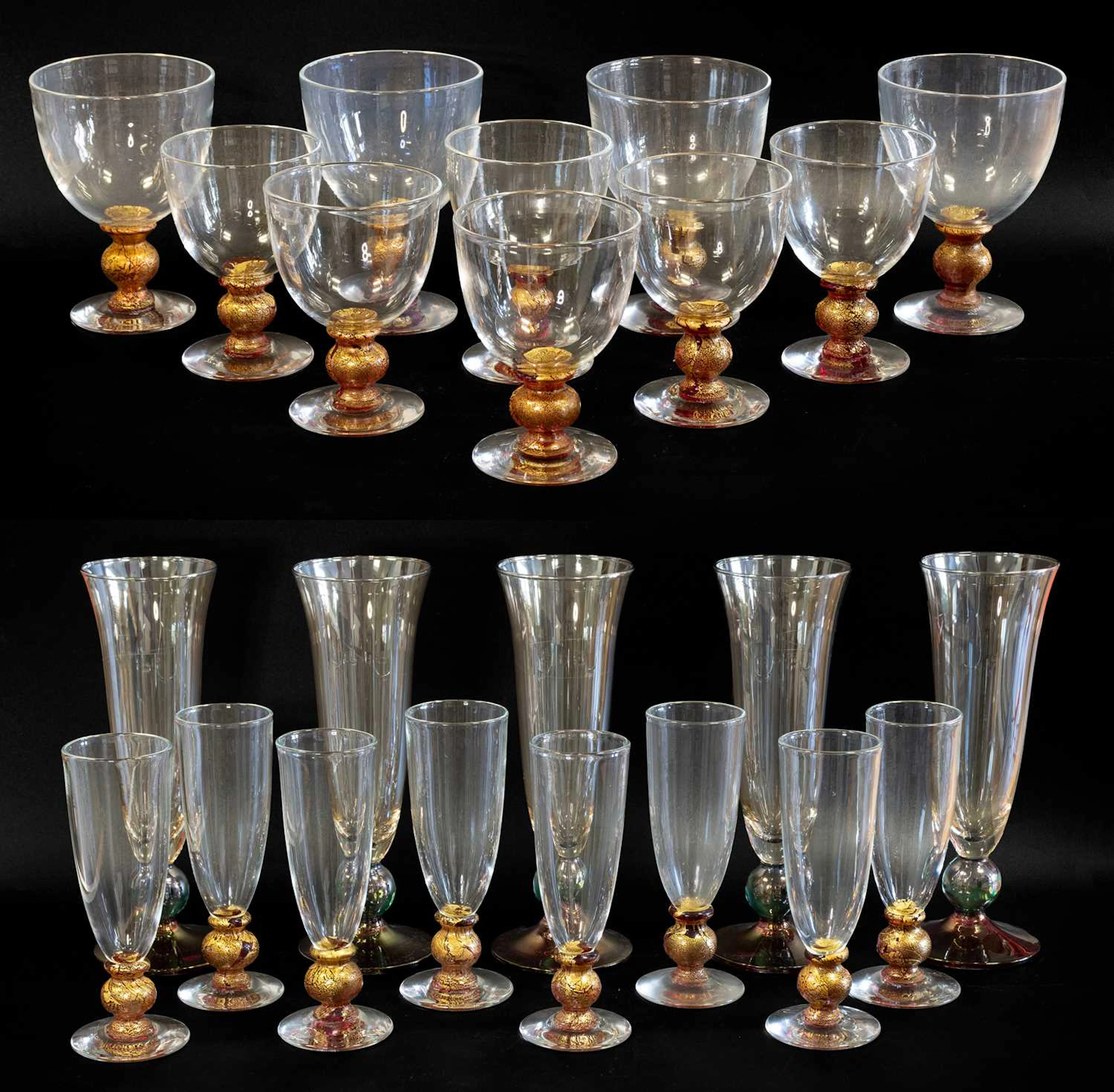 A Suite of Murano Drinking Glasses, retailed by Thomas Goode, Five