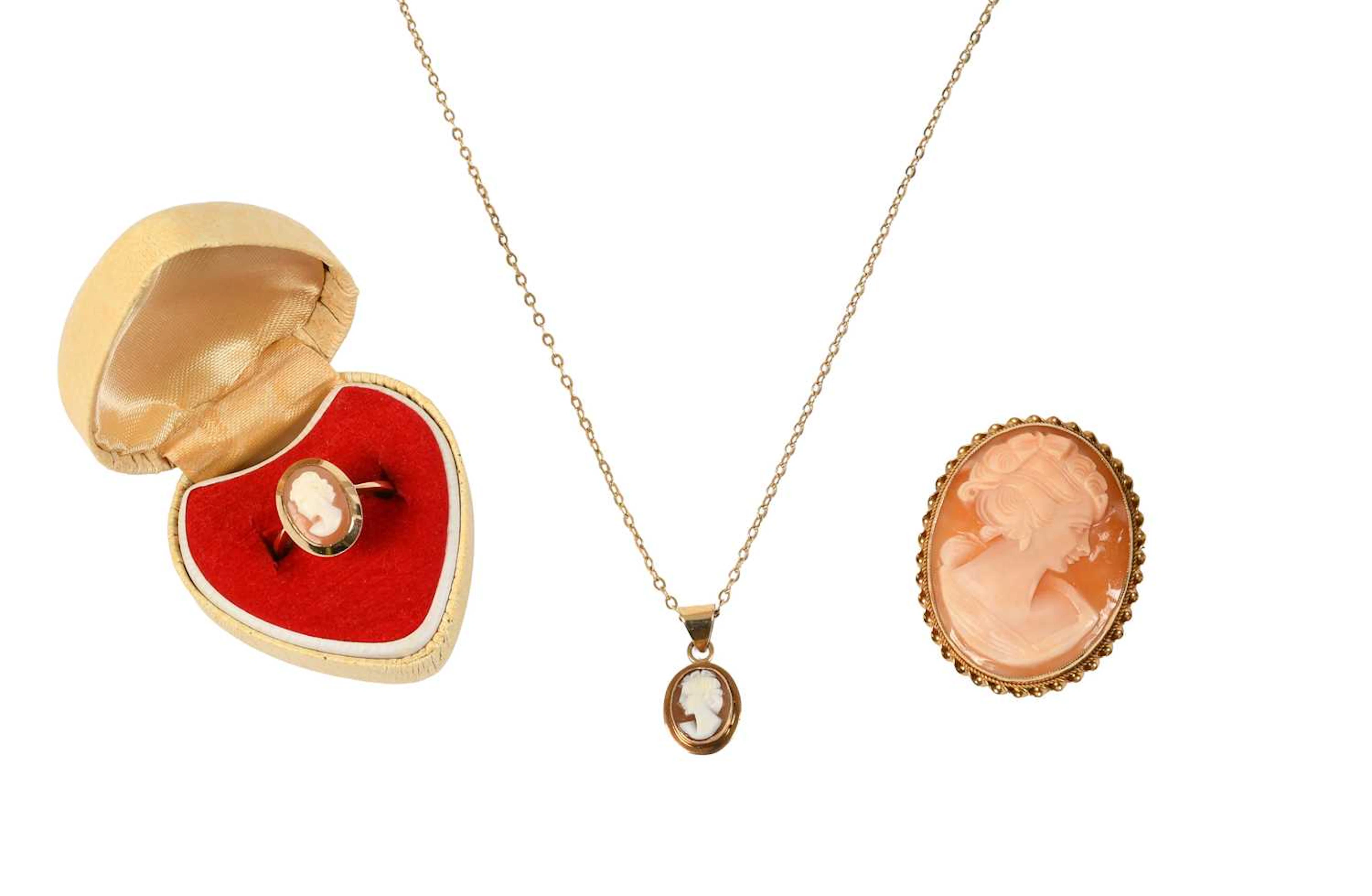 A 9 Carat Gold Cameo Brooch, A 9 Carat Gold Cameo Ring, A 9 Carat