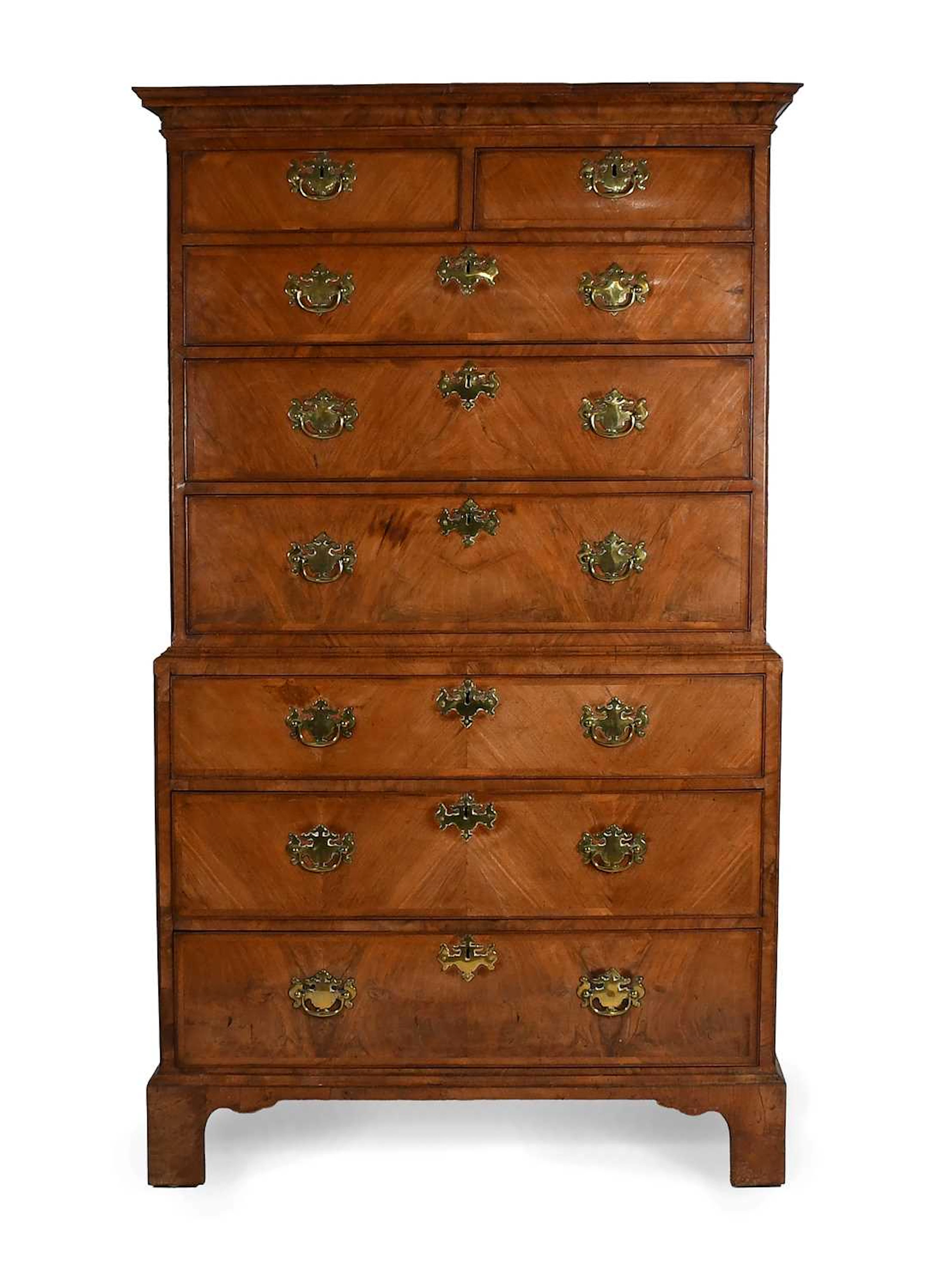 A George II Walnut, Crossbanded and Pine-Lined Chest on Chest, 2nd