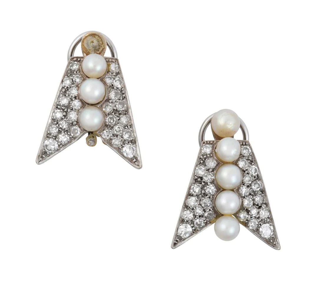 A Pair of Art Deco Cultured Pearl and Diamond Earrings