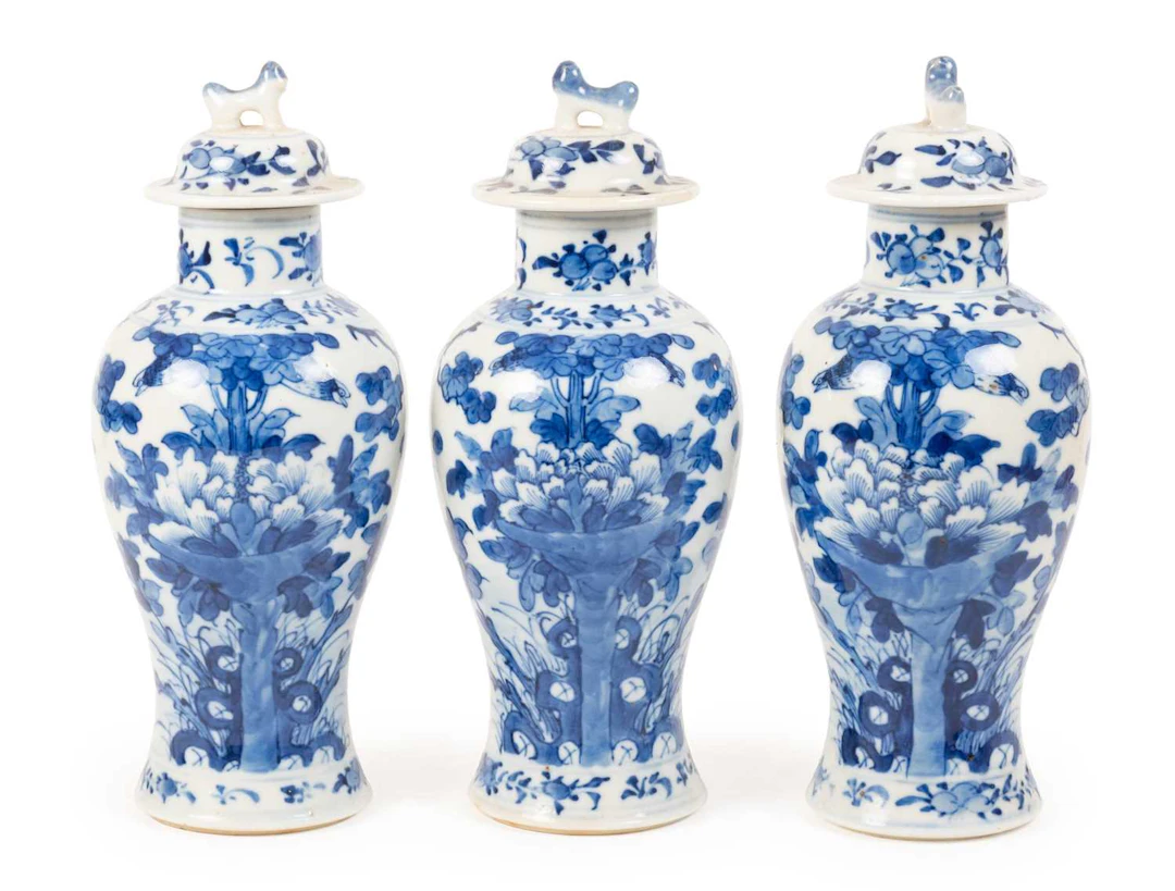 A Set of Three Chinese Porcelain Vases and Cover