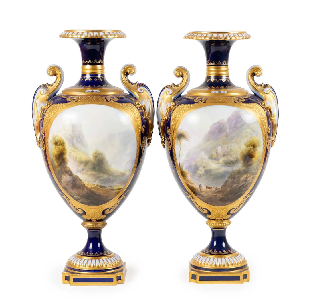 A Pair of Royal Worcester Porcelain Twin-Handled Vases, circa 1913