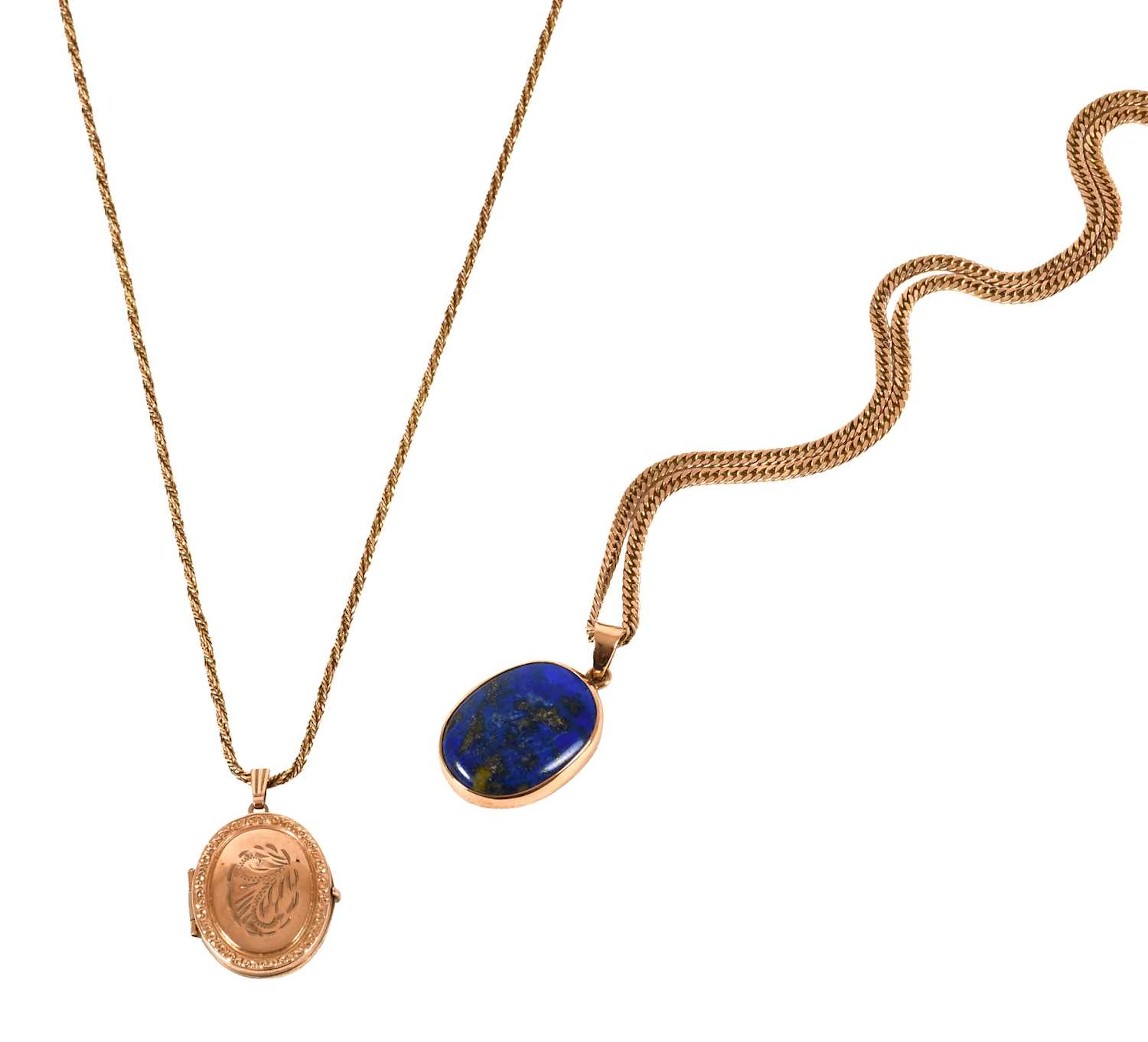 A Lapis Lazuli Pendant on Chain, A 9 Carat Gold Locket on Chain