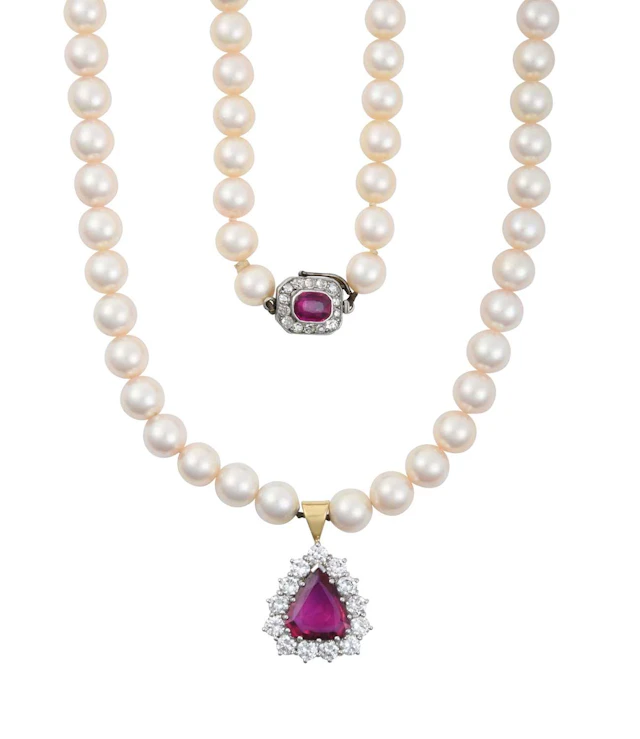 A Cultured Pearl Necklace, with A Ruby and Diamond Clasp, with An