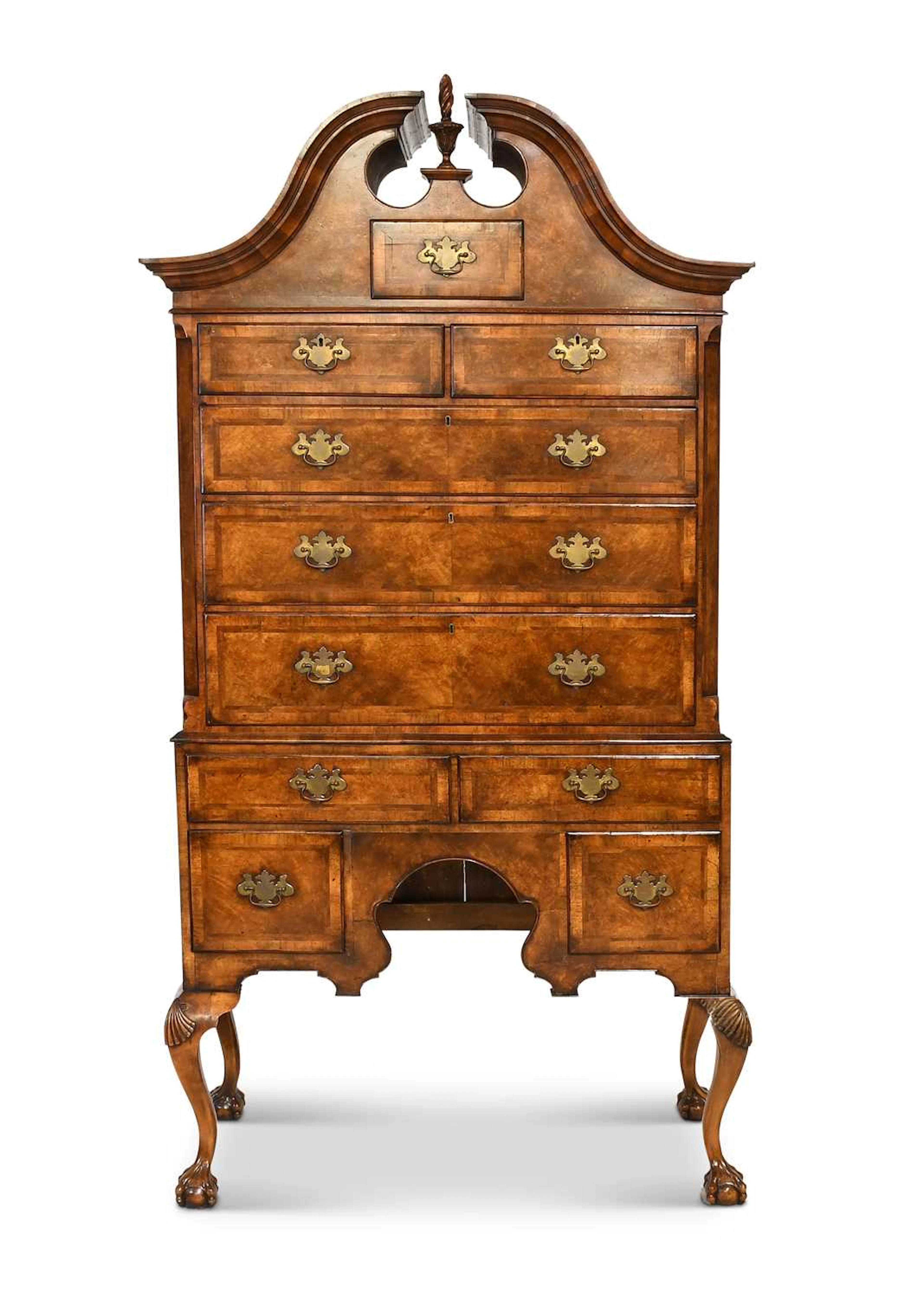 A Queen Anne-Style Walnut, Crossbanded and Featherbanded Chest on Stand