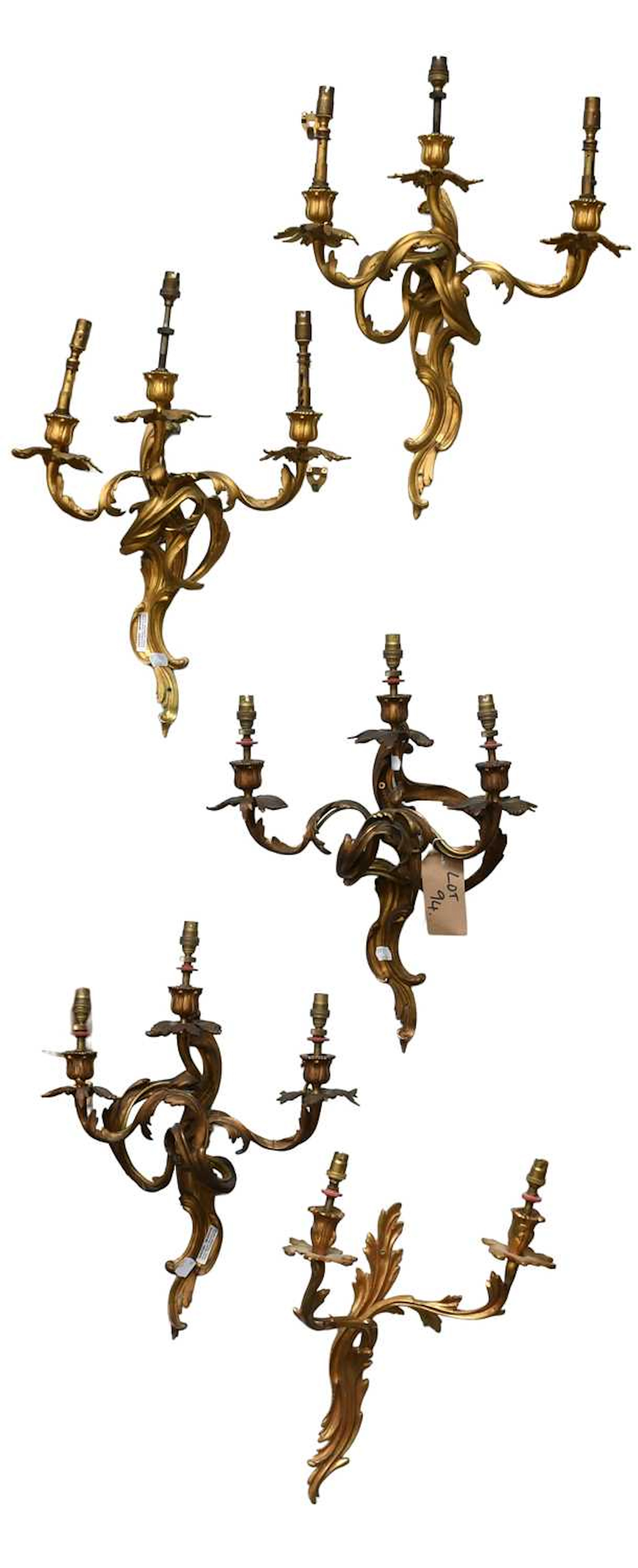 Four Gilt Bronze Three Light Wall Applique