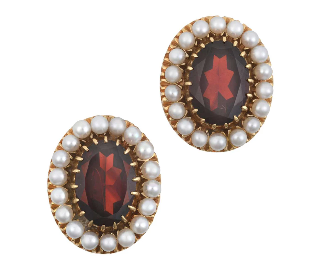 A Pair of 18 Carat Gold Garnet and Cultured Pearl Cluster Earrings