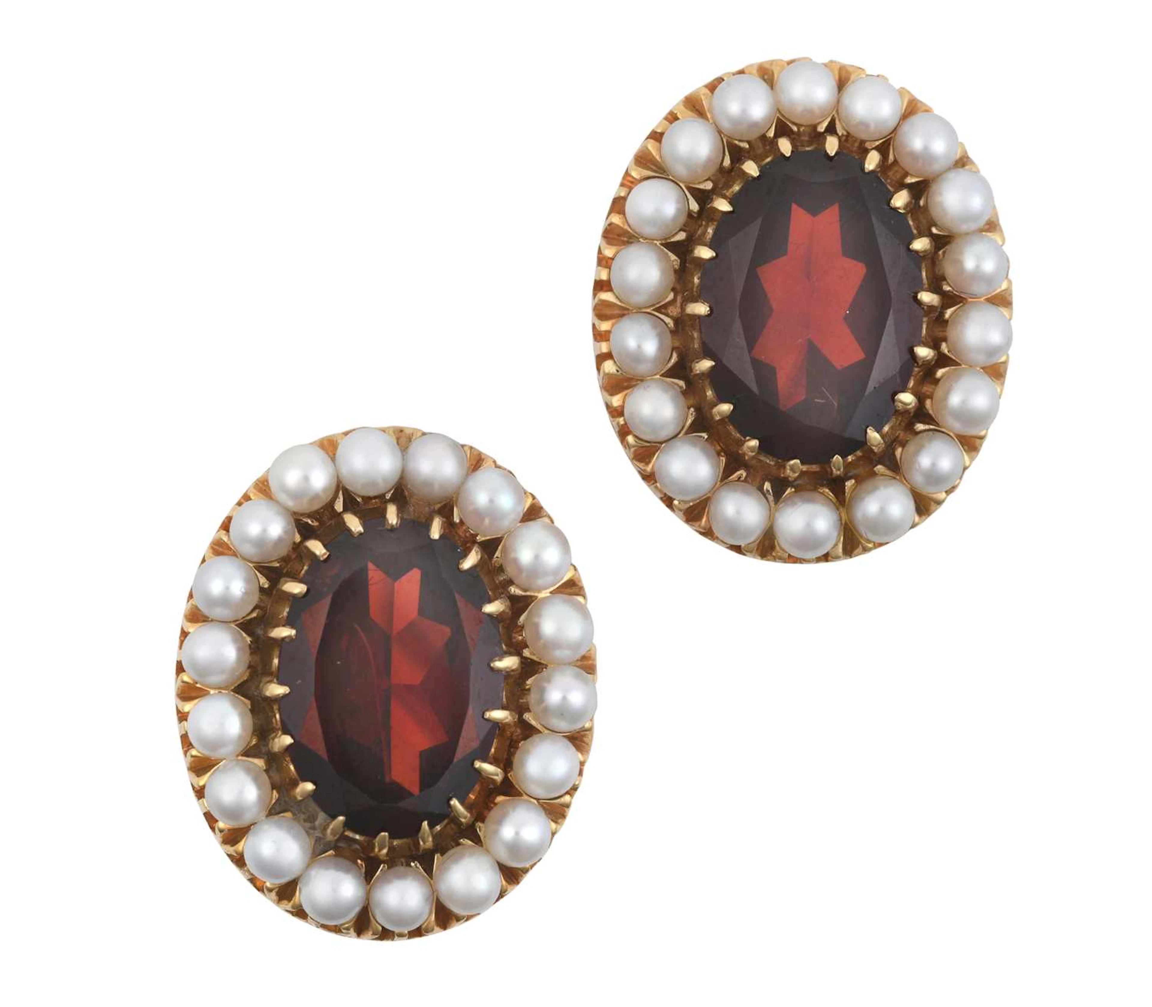 A Pair of 18 Carat Gold Garnet and Cultured Pearl Cluster Earrings