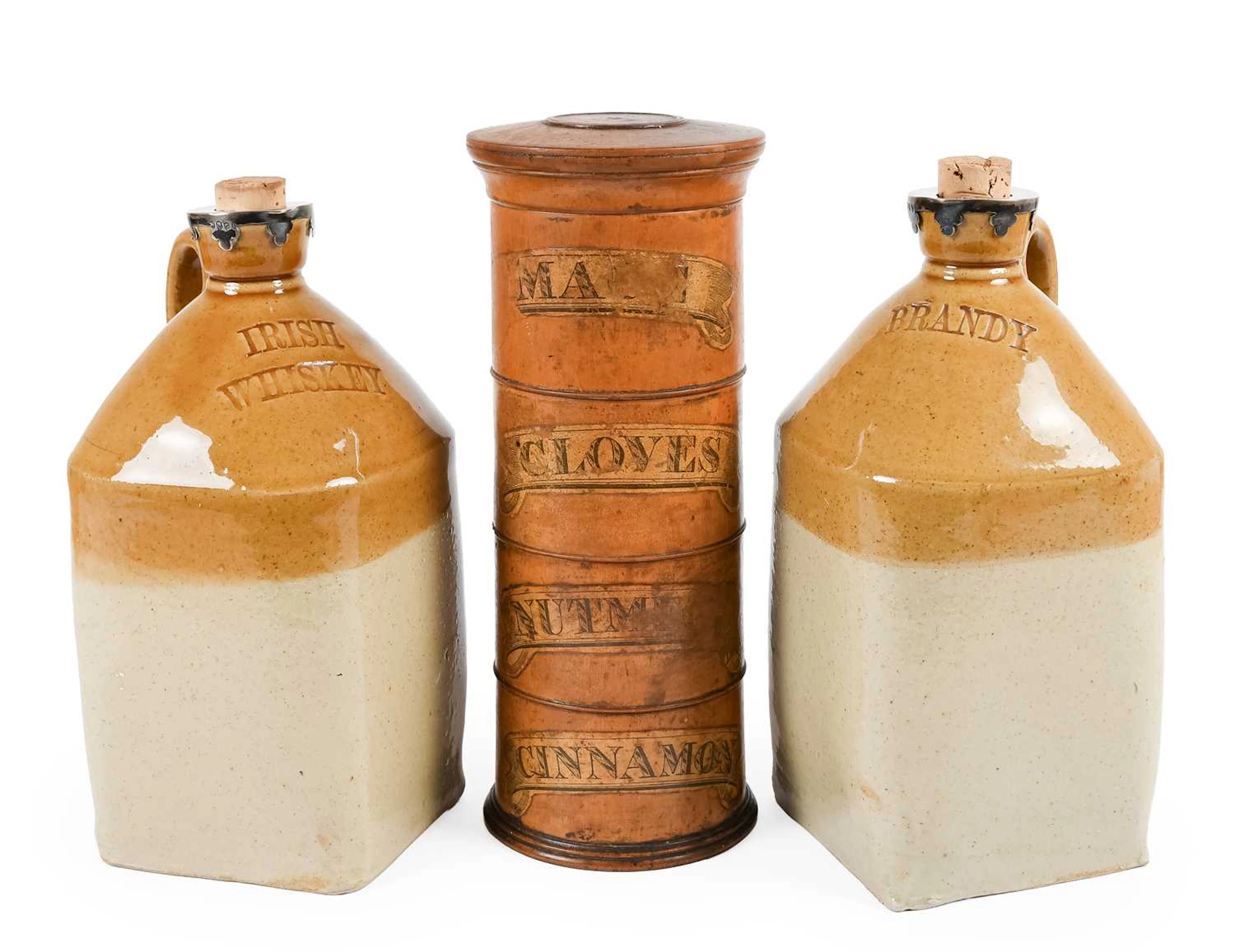 Two Victorian Stoneware Flagons, A Treen Four-Section Spice Tower
