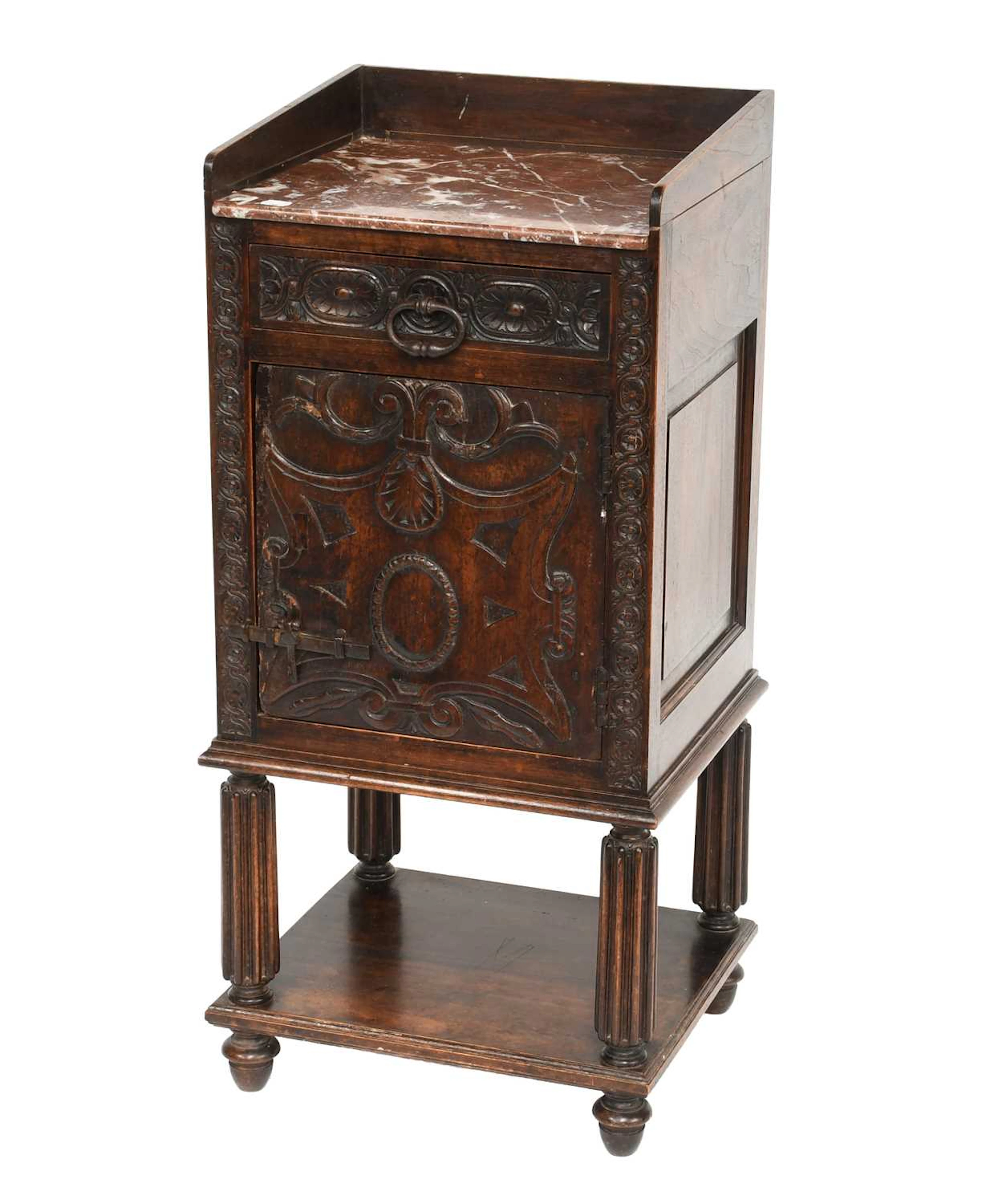 A Heavily Carved Walnut Bedside Cupboard, 19th century