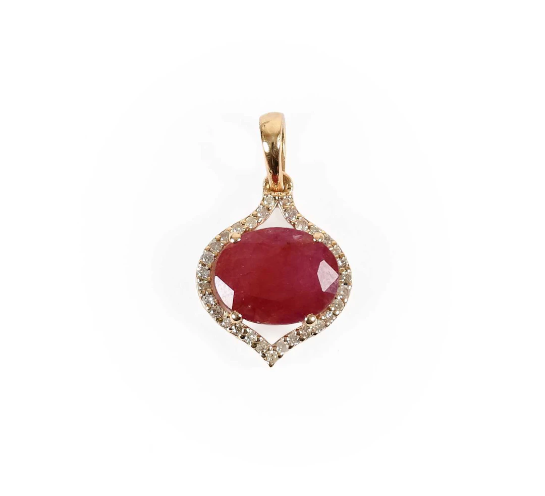 A Red Stone and Diamond Cluster Pendant