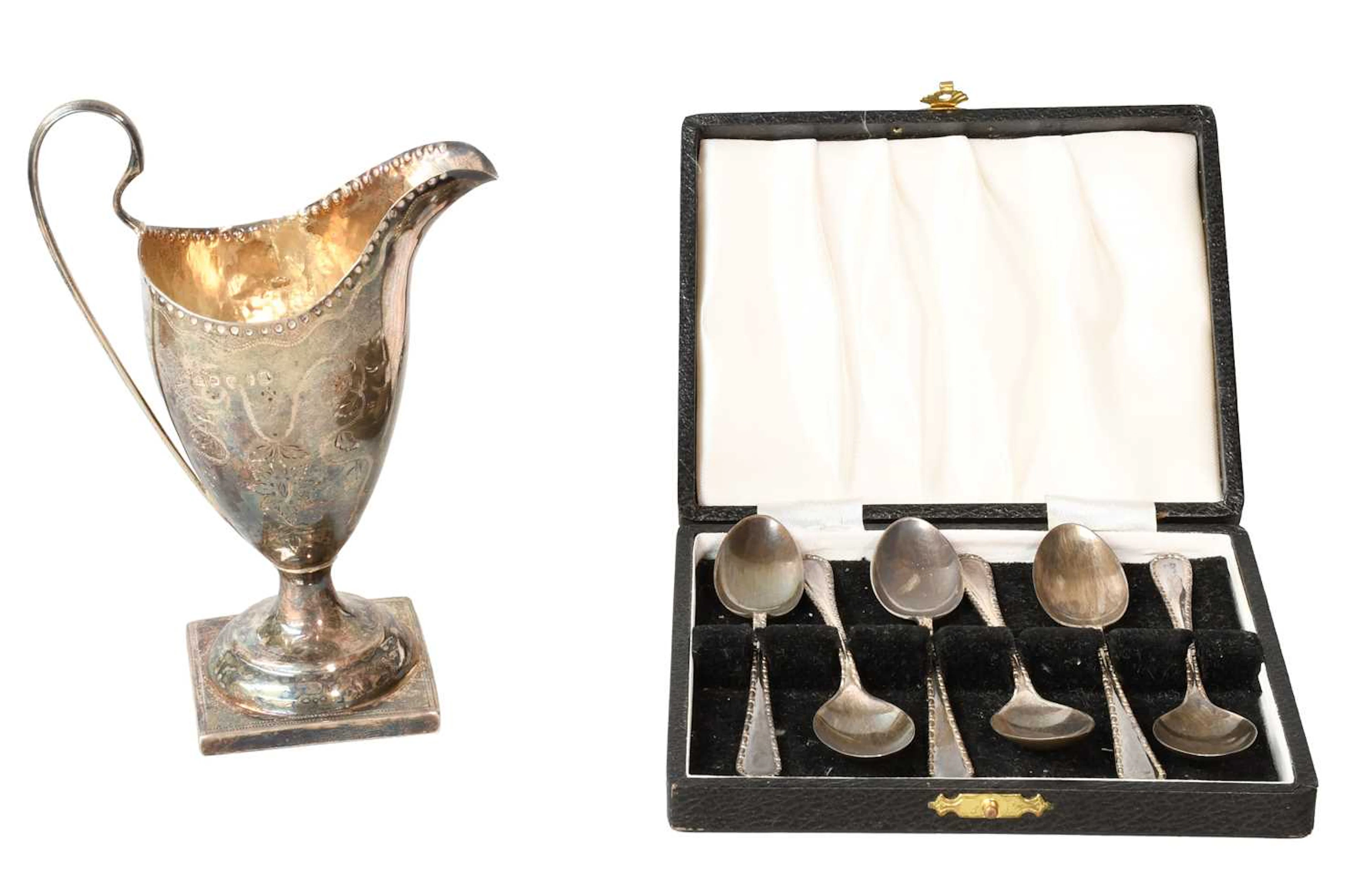 A George III Silver Cream-Jug and a Cased Set of Six Teaspoons, The