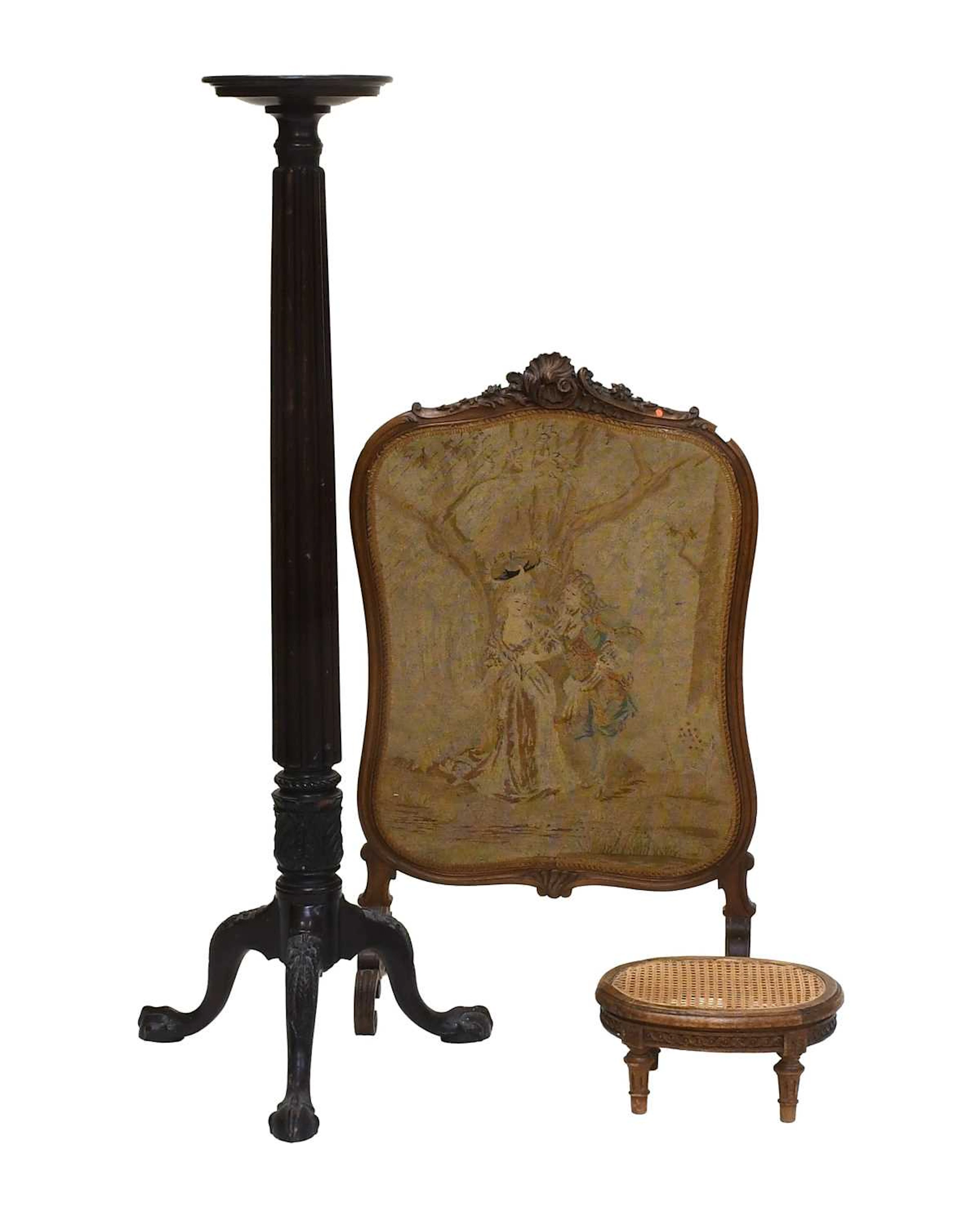 A Carved Mahogany Dish-Top Torchere, circa 1900, A French Carved Walnut