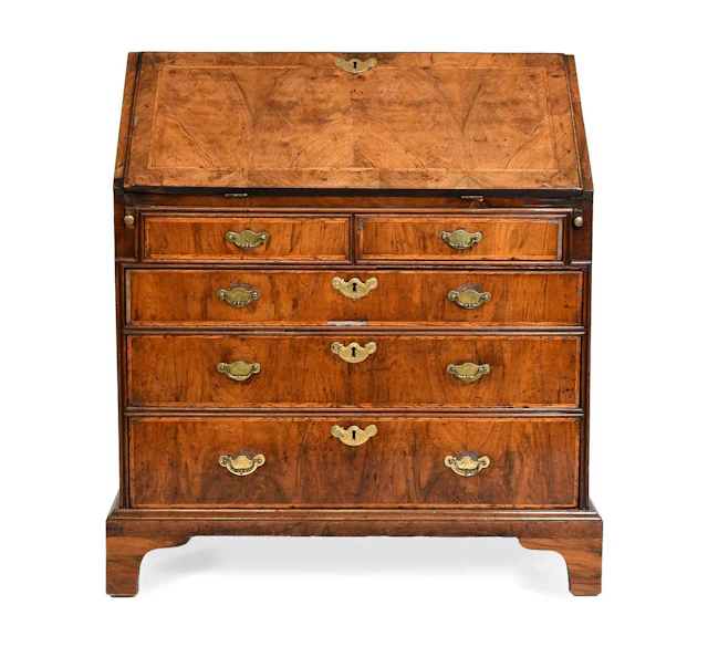A George I Walnut, Crossbanded, Featherbanded and Pine Sided Bureau