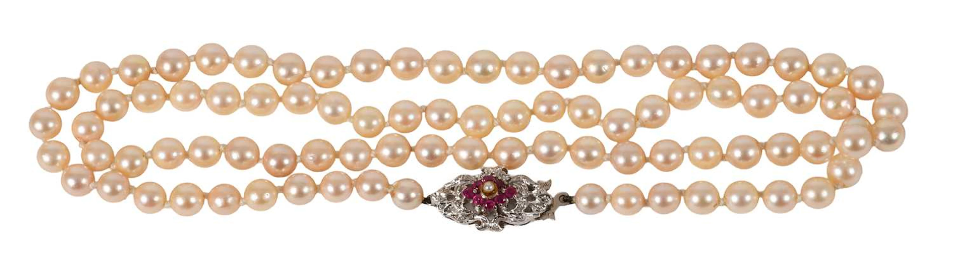 A Cultured Pearl Necklace, with An 18 Carat White Gold Synthetic Ruby