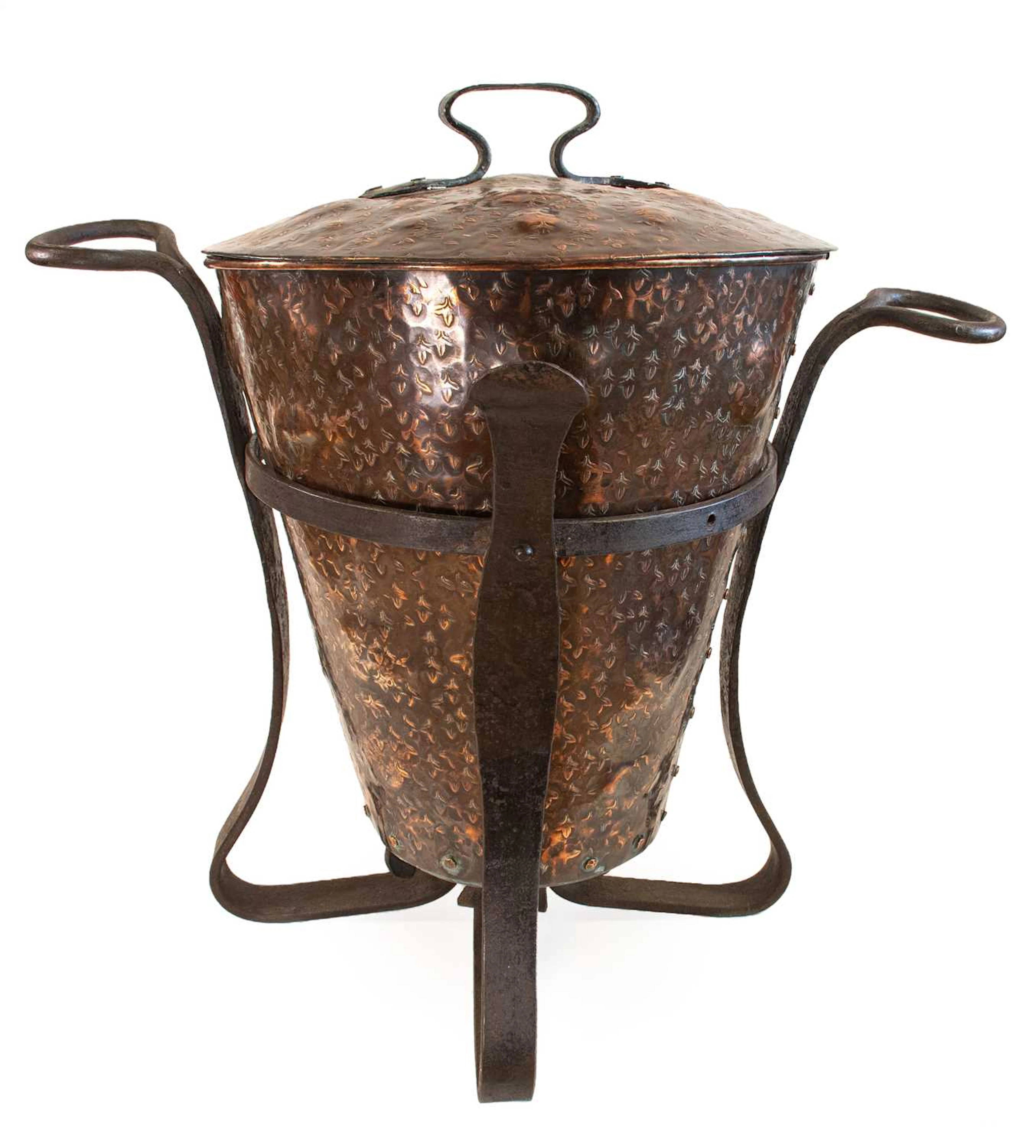 An Arts & Crafts Copper and Wrought Iron Coal Bin and Cover, circa 1900